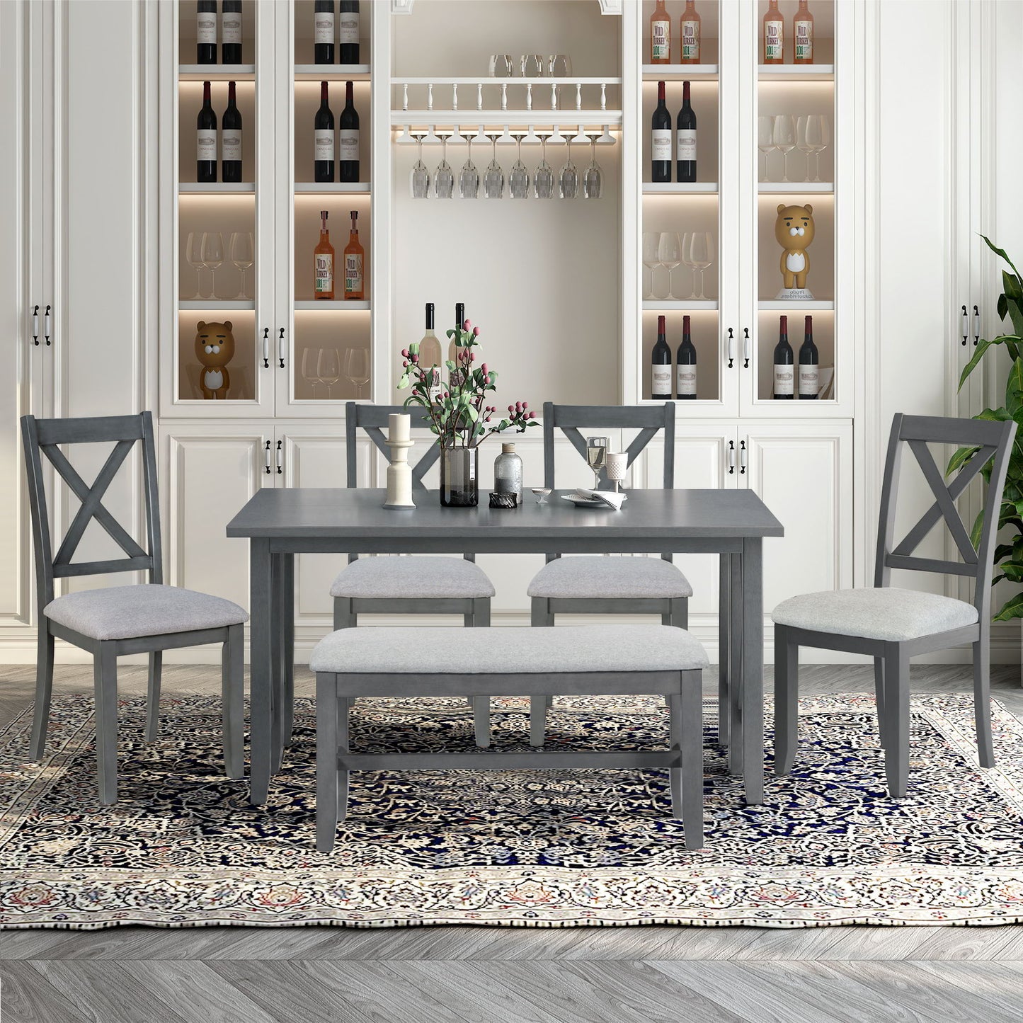 6 Piece Family Dining Room Set, Space Saving Foldable Table And 4 Chairs With Bench
