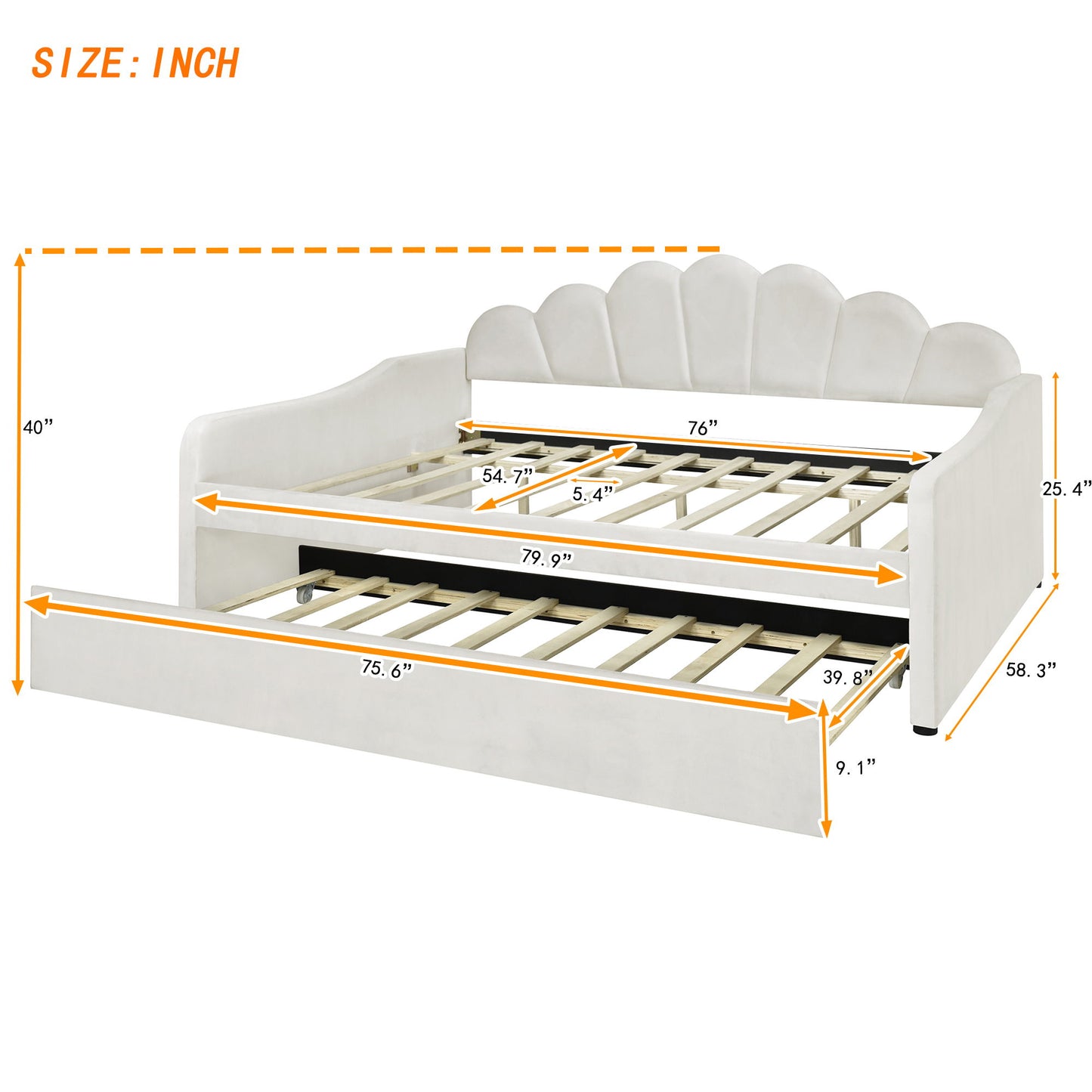 Upholstery Daybed Frame With Shell Shaped Backrest And Trundle