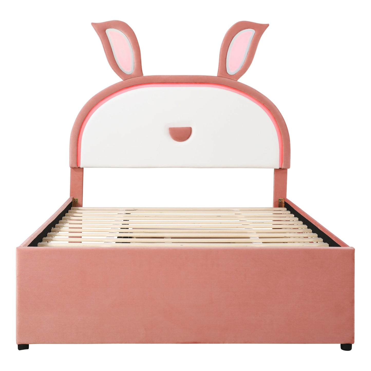Upholstered Platform Bed With Trundle And 3 Drawers, Rabbit-Shaped Headboard With Embedded LED Lights