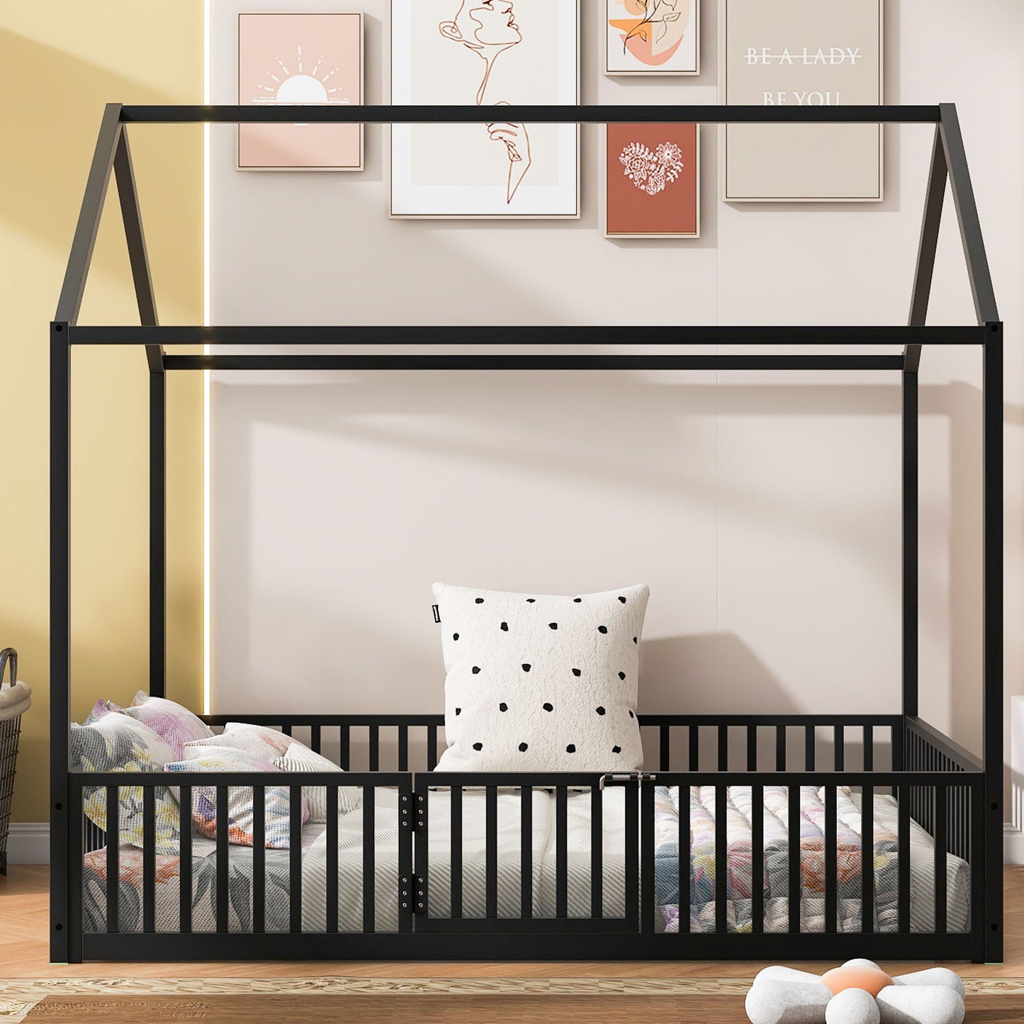 Metal House Bed With Fence And Door