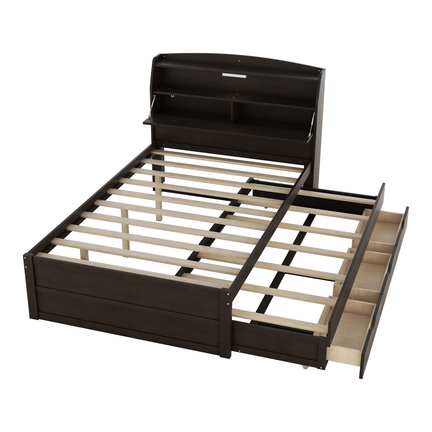 LED Platform Bed With Trundle With Storage Headboard With Drawers