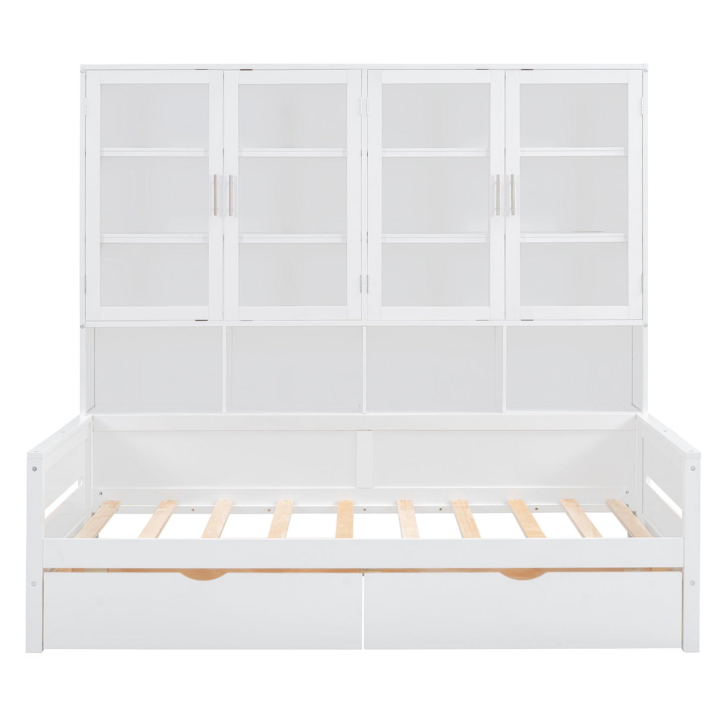 Daybed With Glass Door Storage Cabinets, Built In LED Lighting And Shelves