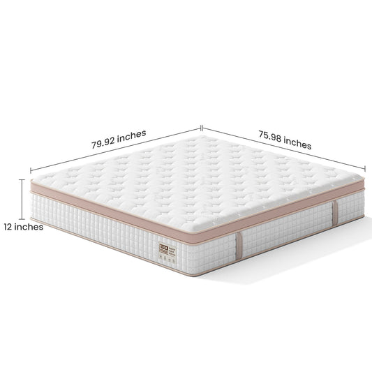 12" King Size Firm Hybrid Mattress, Gel Memory Foam & Pocket Springs, Pressure Relief, Motion Isolation, Ergonomic Bed - White