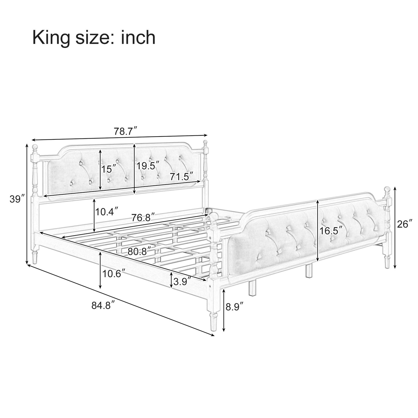 Traditional Style Solid Bed Frame With Upholstered Tufted Headboard, No Box Spring Needed