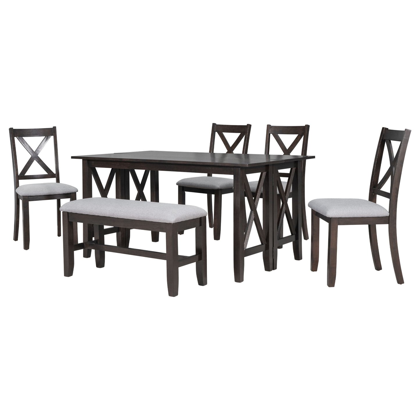 6 Piece Family Dining Room Set, Space Saving Foldable Table And 4 Chairs With Bench