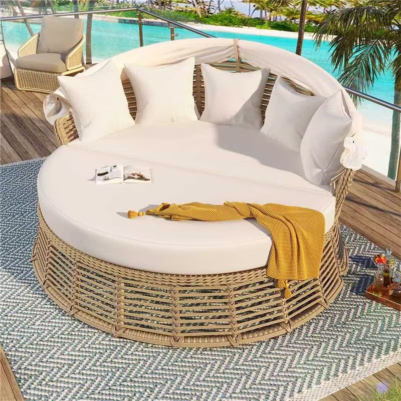 Outdoor Patio Rattan Round Daybed With Retractable Canopy, Wicker Furniture Round Poolside Sofa Sunbed With Removable Cushions, Backyard, Porch - Beige