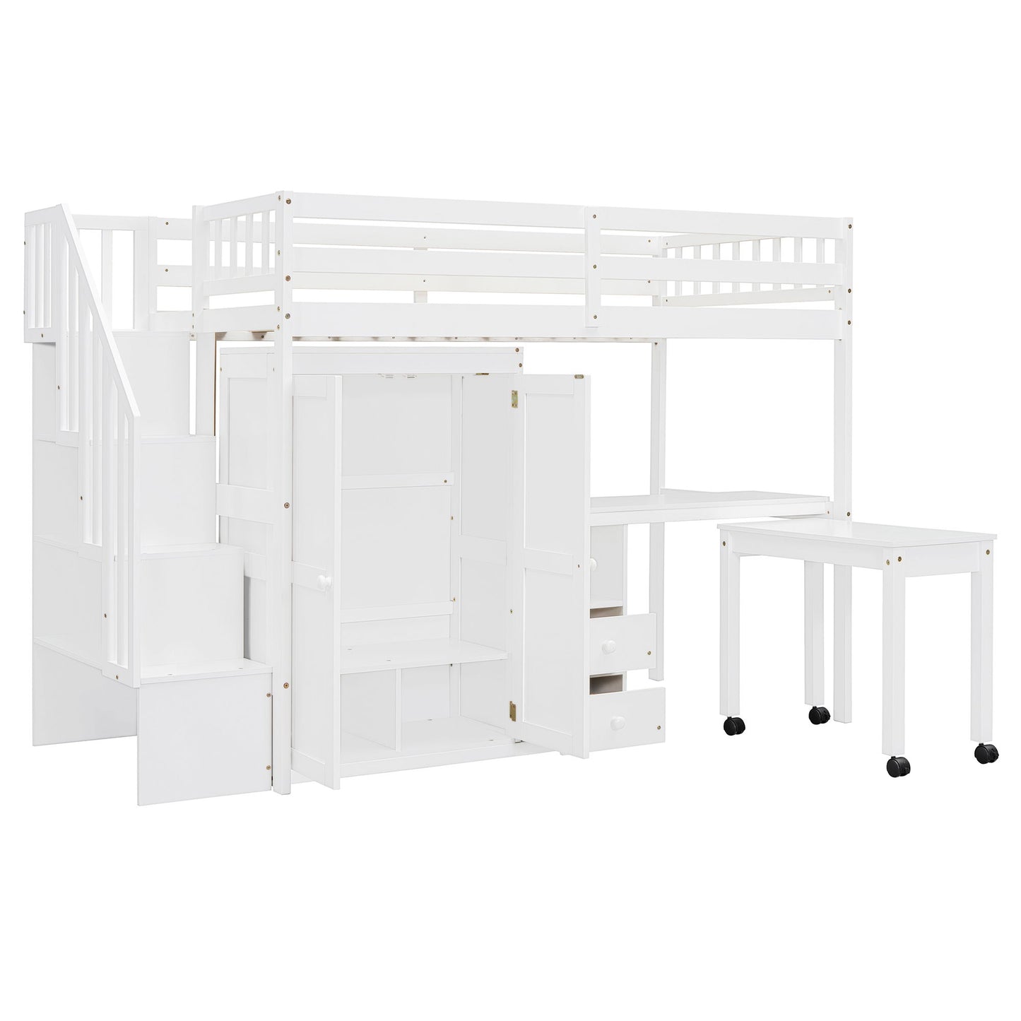 Loft Bed With Stairs, Bookshelf, Drawers, Desk & Wardrobe, Space Saving Multifunctional Furniture