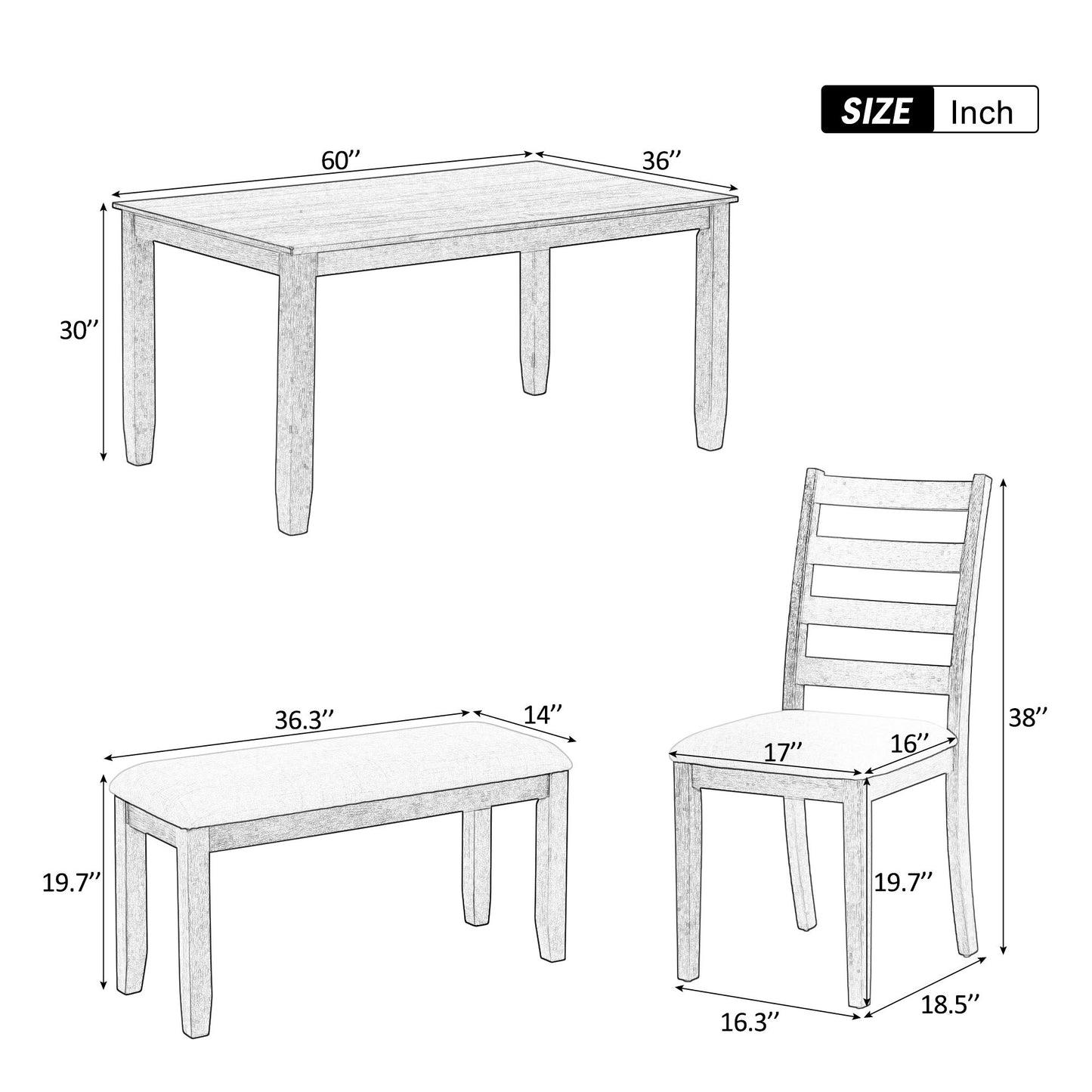Rustic Style 6 Piece Dining Room Table Set With 4 Upholstered Chairs & A Bench - Brown / Whitewash