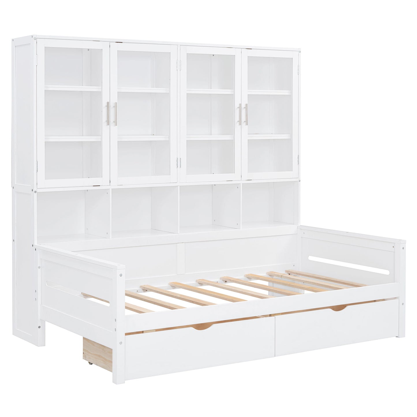 Daybed With Glass Door Storage Cabinets, Built In LED Lighting And Shelves