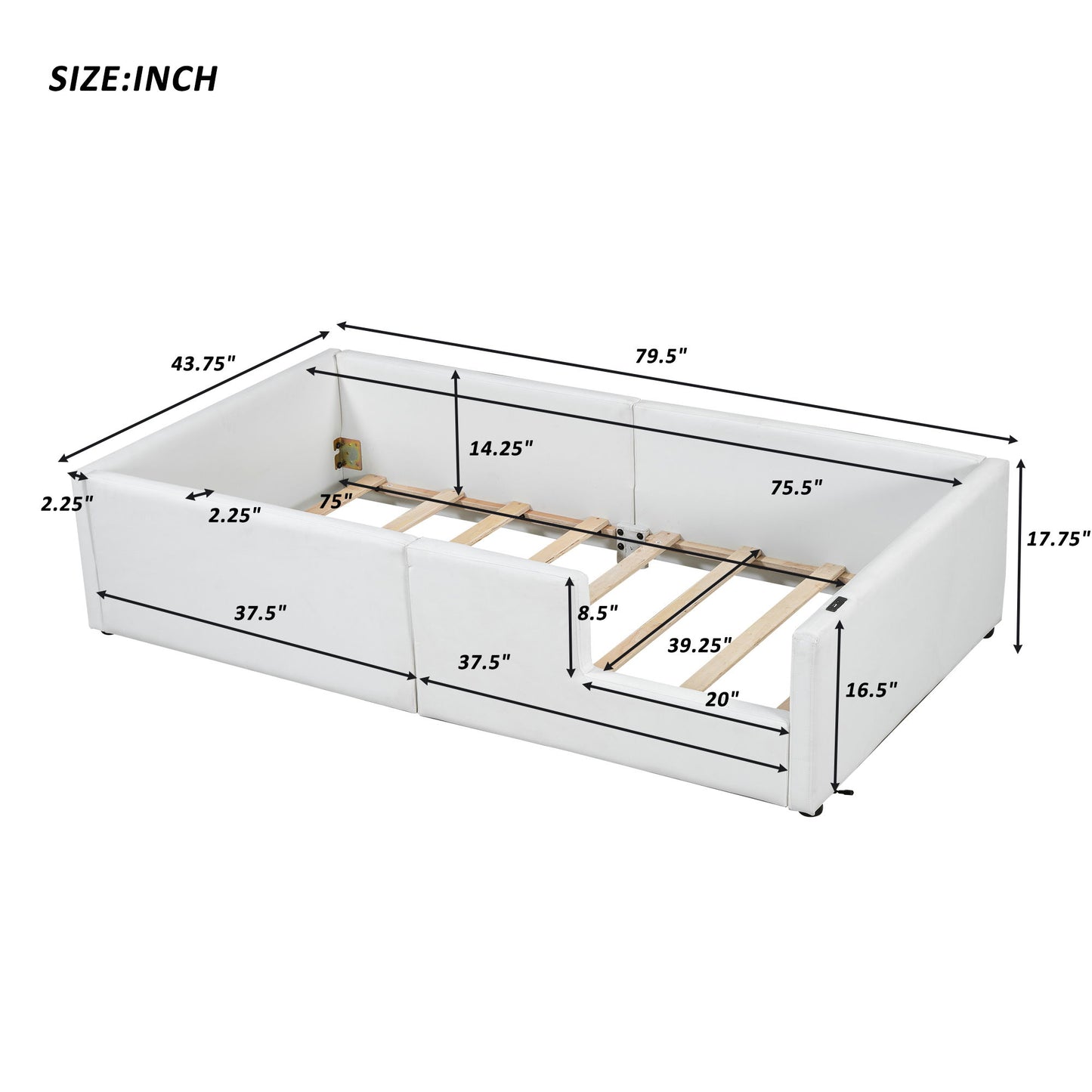 Twin Size Upholstered Platform Bed With Guardrail And Charging Station - White