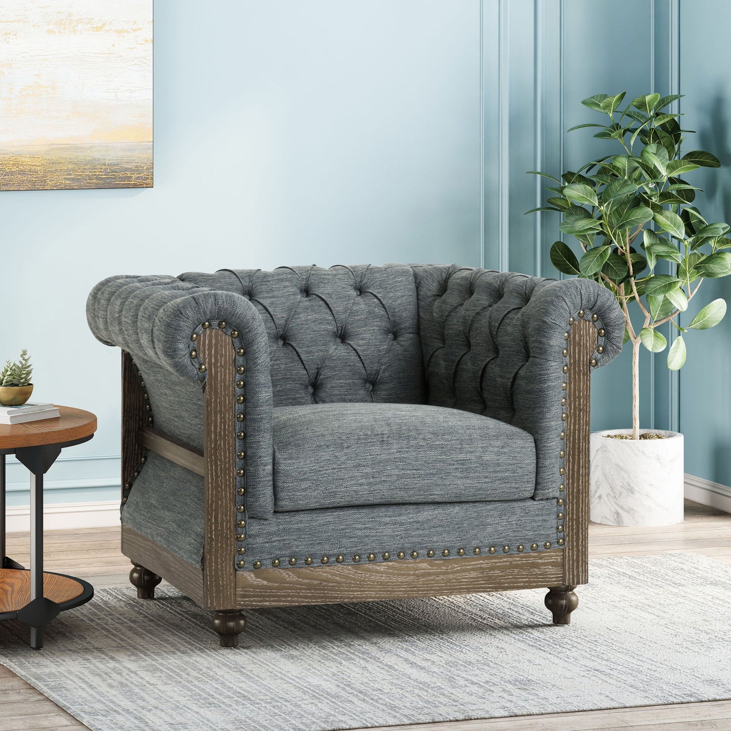 Fabric Upholstered Club Chair With Scrolled Tuxedo Arms