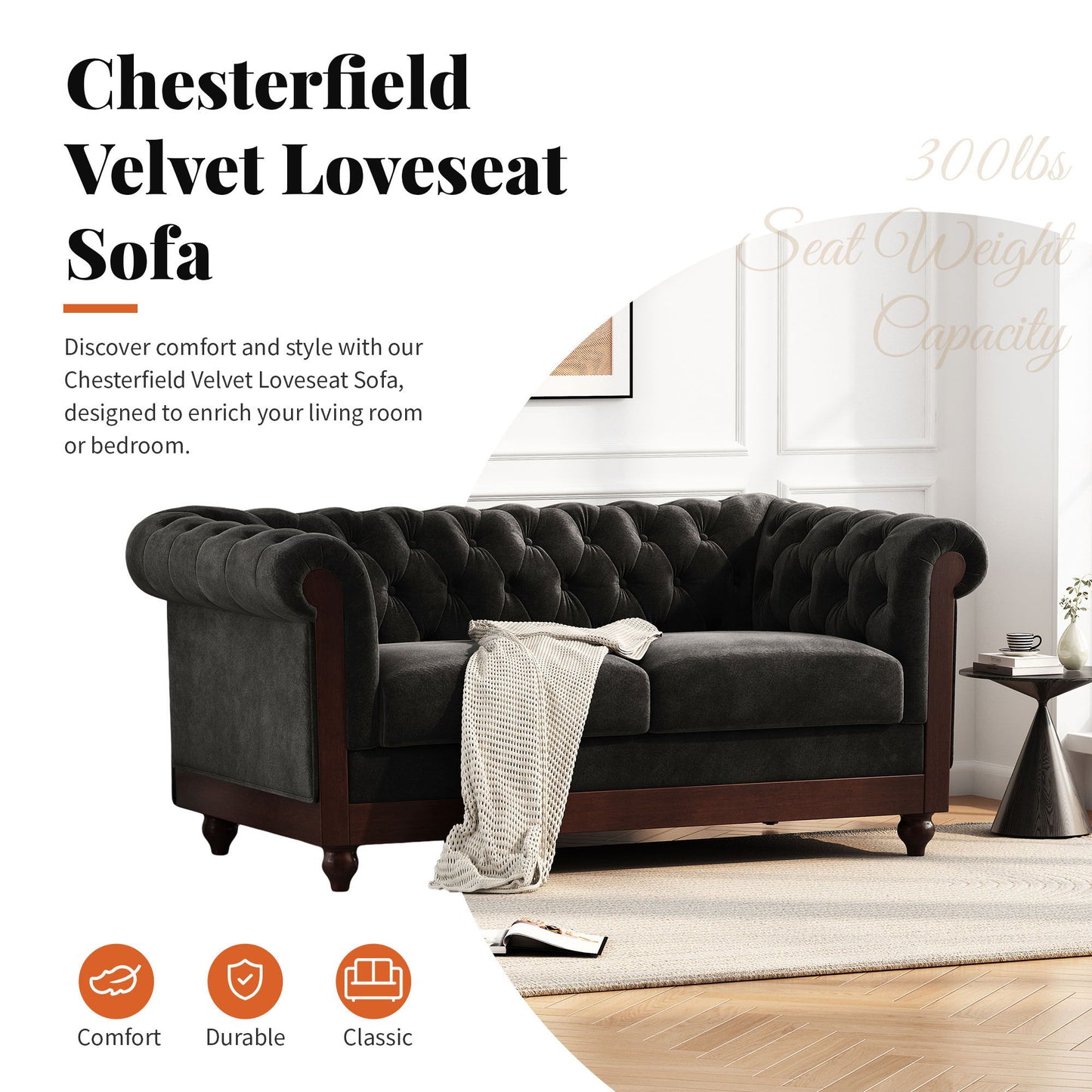 Chesterfield Velvet Loveseat Sofa, 2 Person Rolled Arm Upholstered Couch