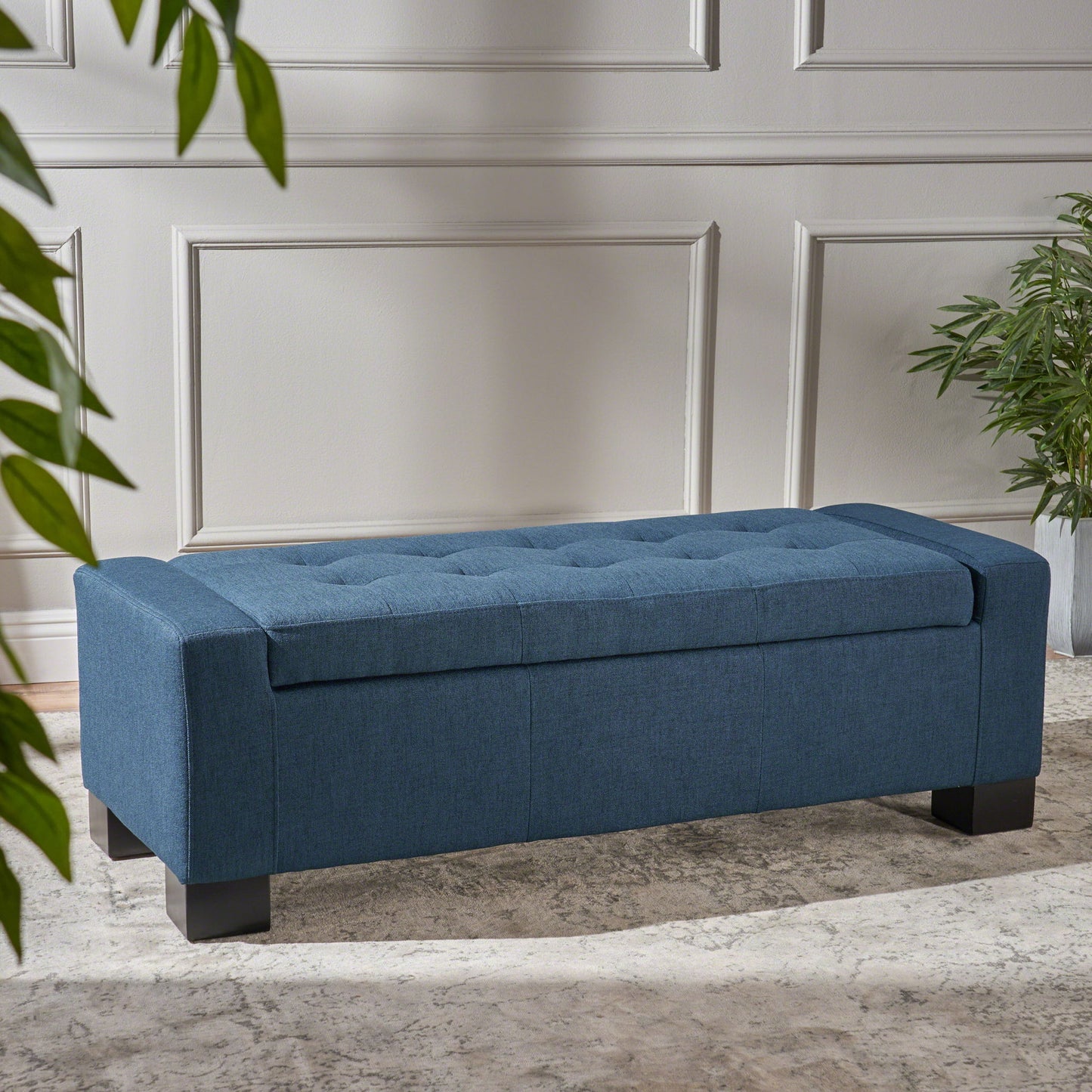 Empower - Button Tufted Waffle Upholstered Storage Ottoman With Wood Legs - Navy Blue