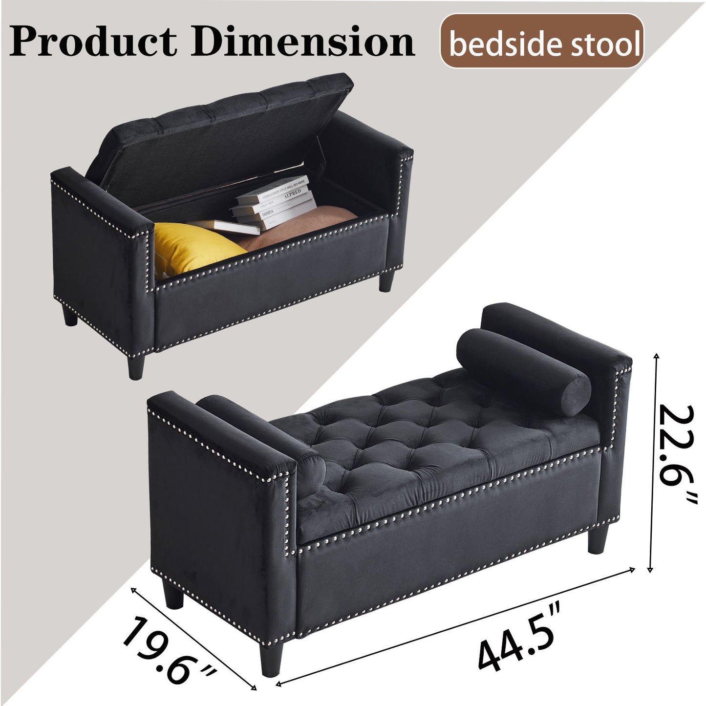 Queen Velvet Button Bedside Storage Bench With Armrests, Nailhead Trim