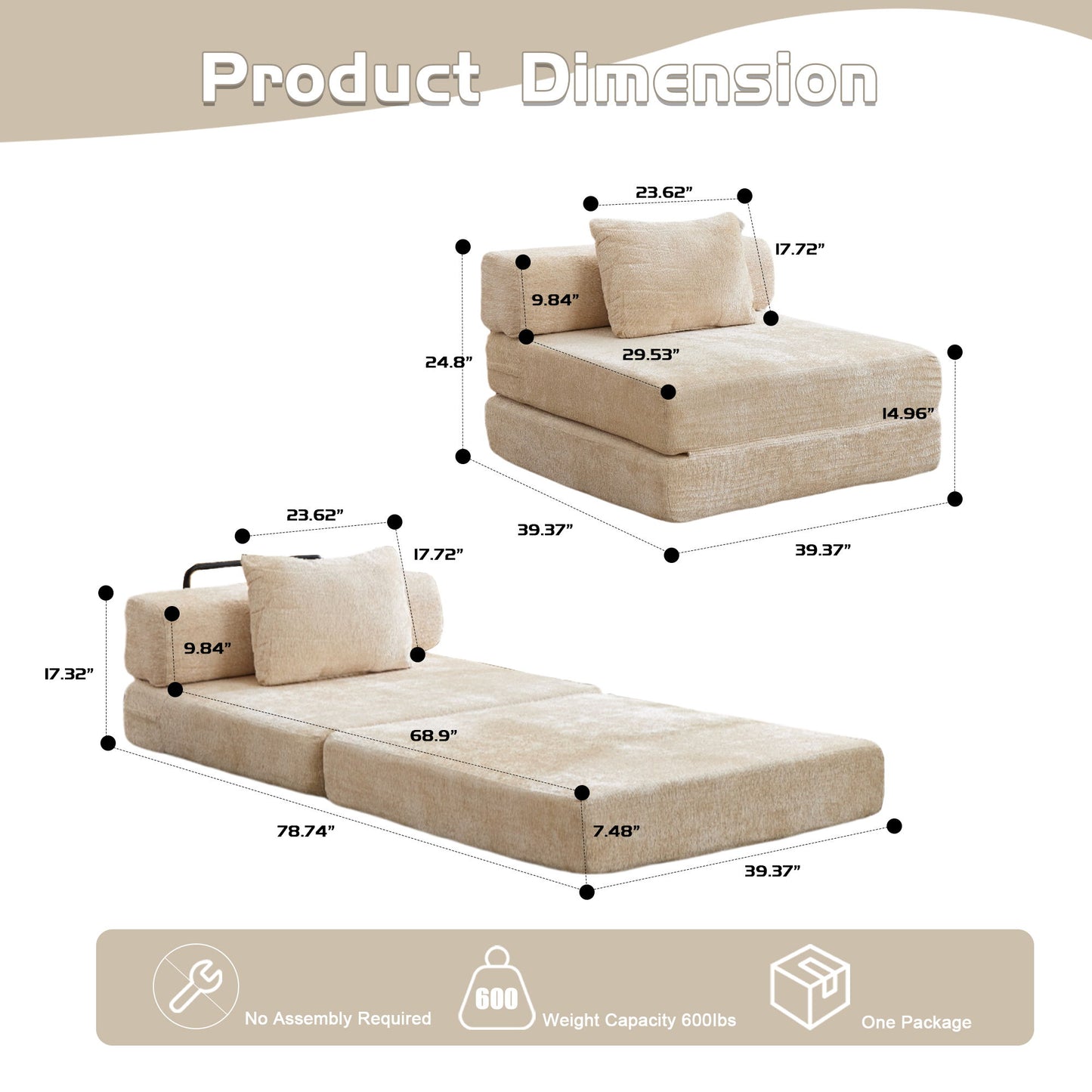 Convertible Floor Sofa Bed With Fixed Shape Frame For Living Room