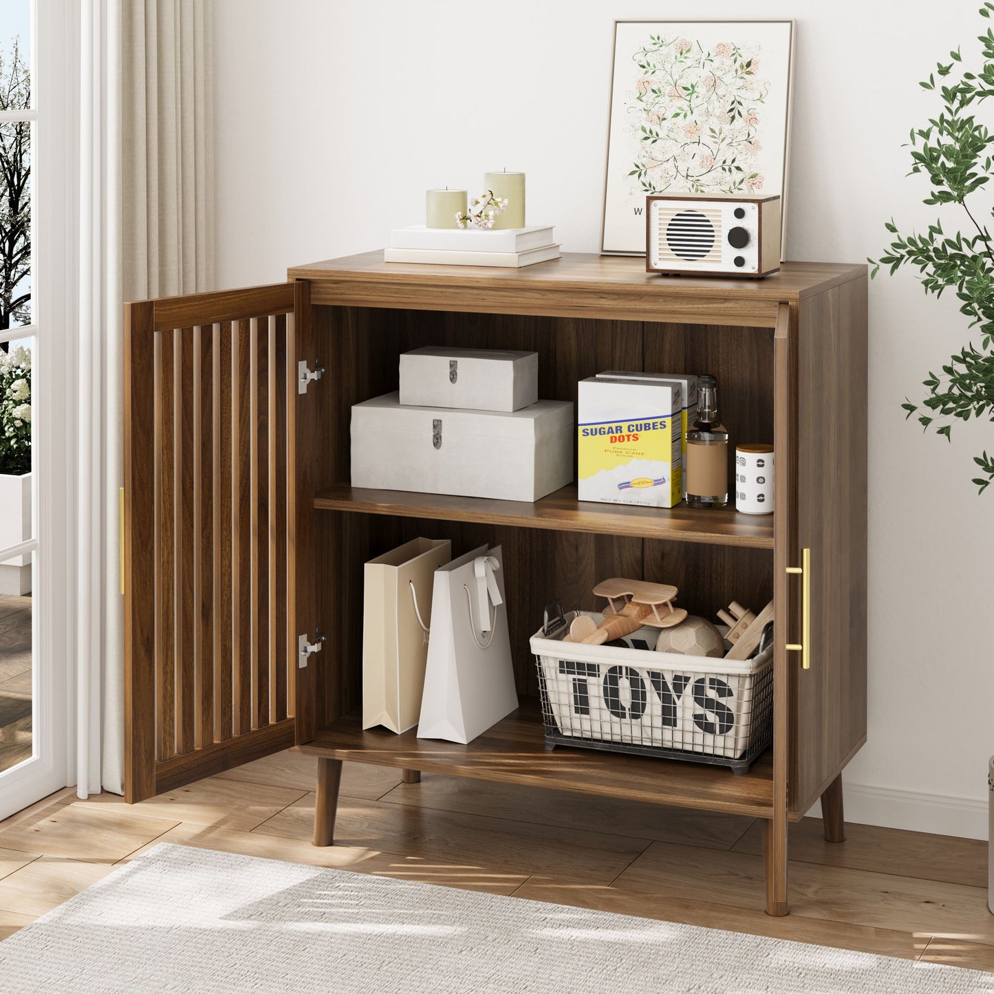 Farmhouse Sideboard Buffet Cabinet With Louvered Doors, Wood Coffee Bar Storage For Kitchen & Living Room - Walnut