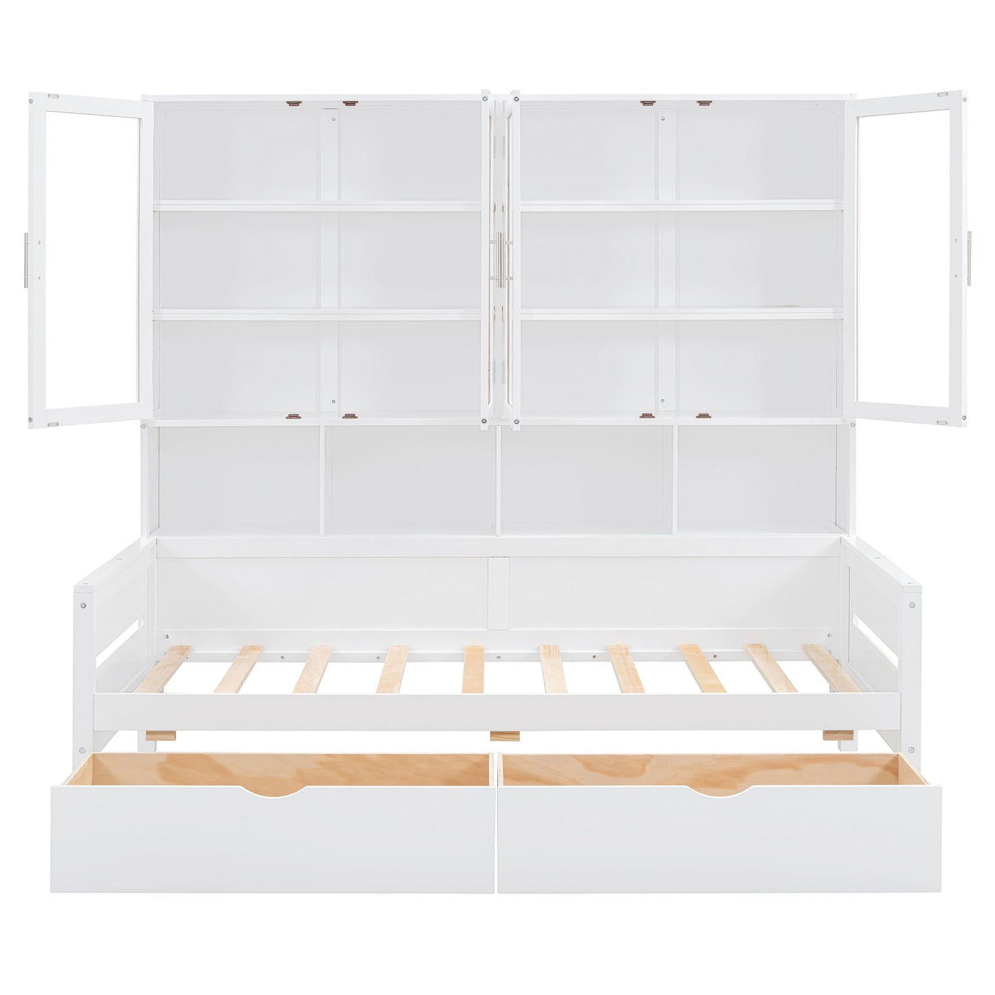 Daybed With Glass Door Storage Cabinets, Built In LED Lighting And Shelves