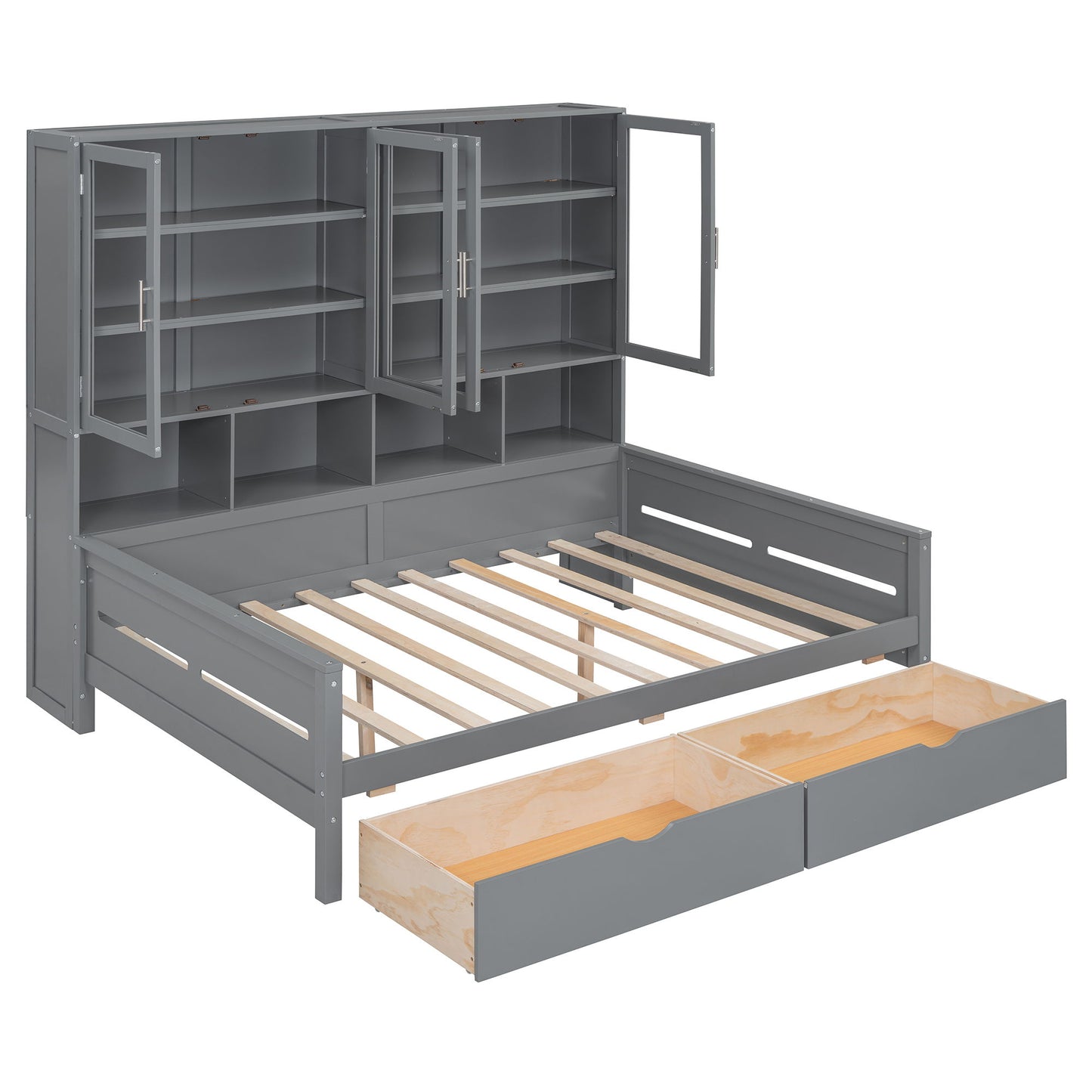 Daybed With Glass Door Storage Cabinets, Built In LED Lighting And Shelves
