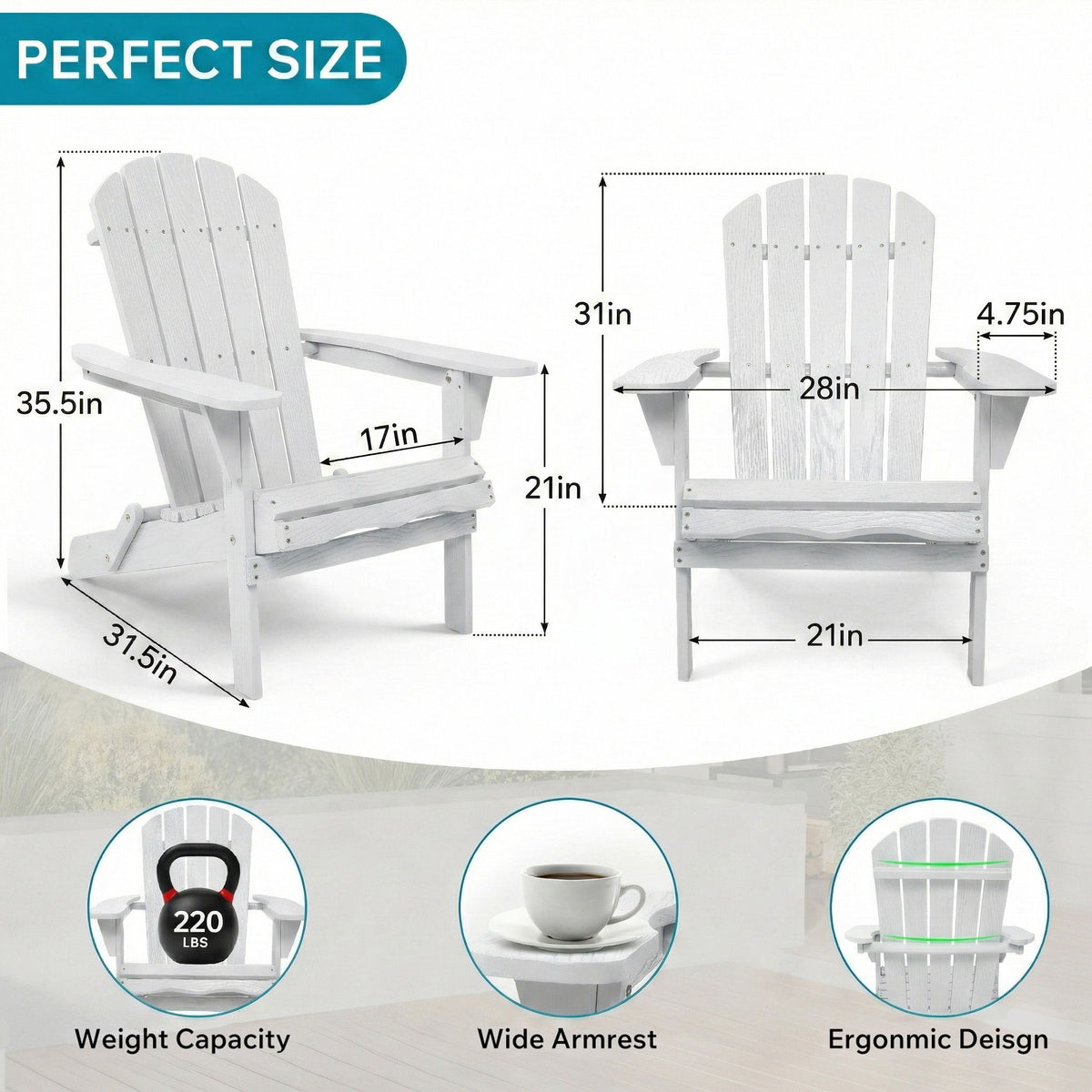 Classic Grain Folding Adirondack Chair Patio - White