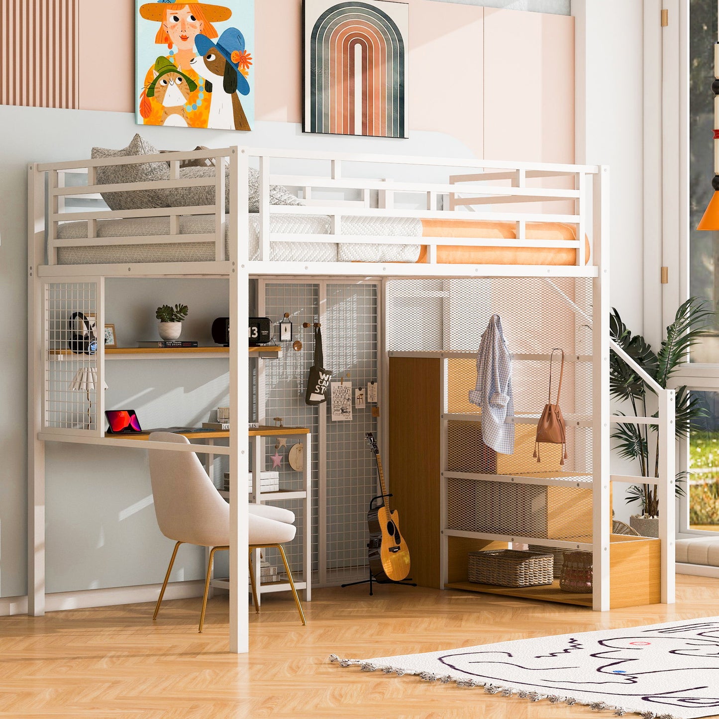 Metal Loft Bed With Wardrobe, Desk, Storage Shelves