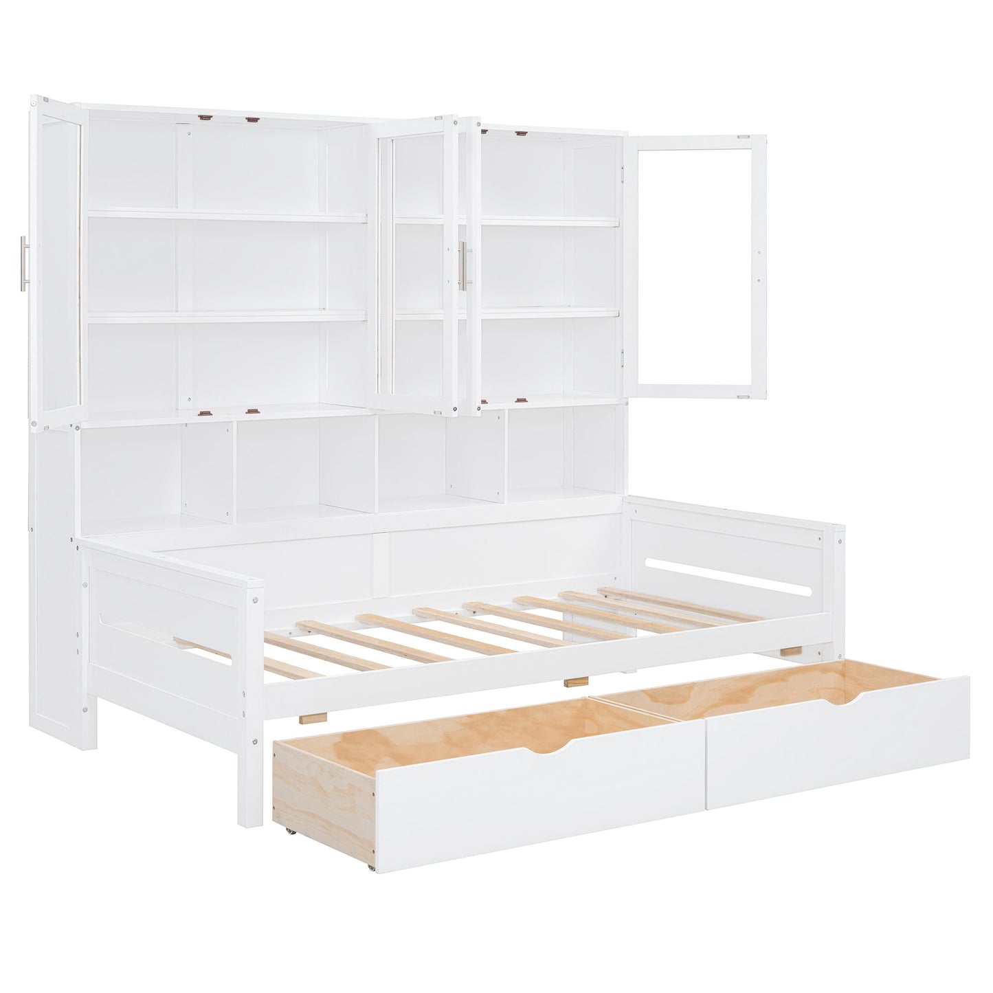 Daybed With Glass Door Storage Cabinets, Built In LED Lighting And Shelves