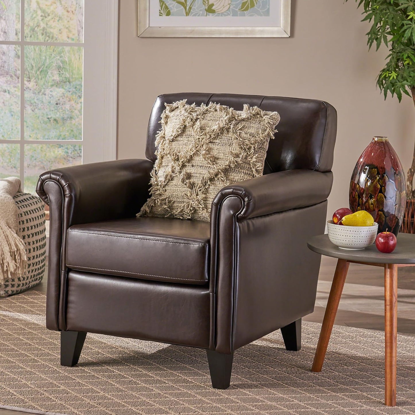 Upholstered Club Chair With Button Tufted Back Rest - Brown