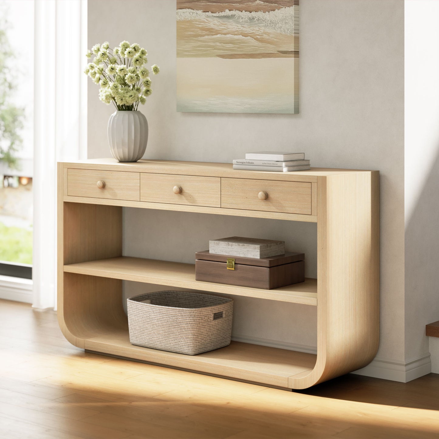 Console Table With 3 Soft Close Drawers & 2 Open Shelves - Natural