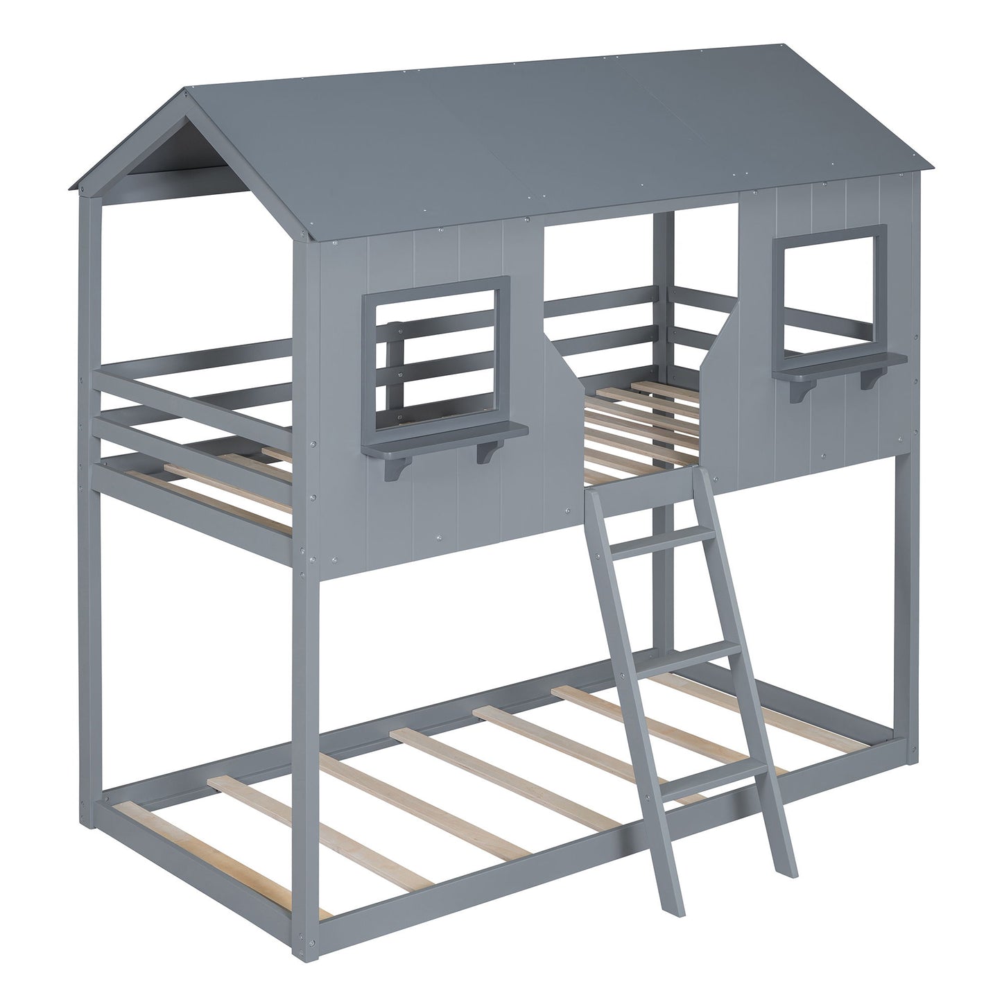 Twin Over Twin Bunk Bed With Roof, Window, Guardrail, Ladder
