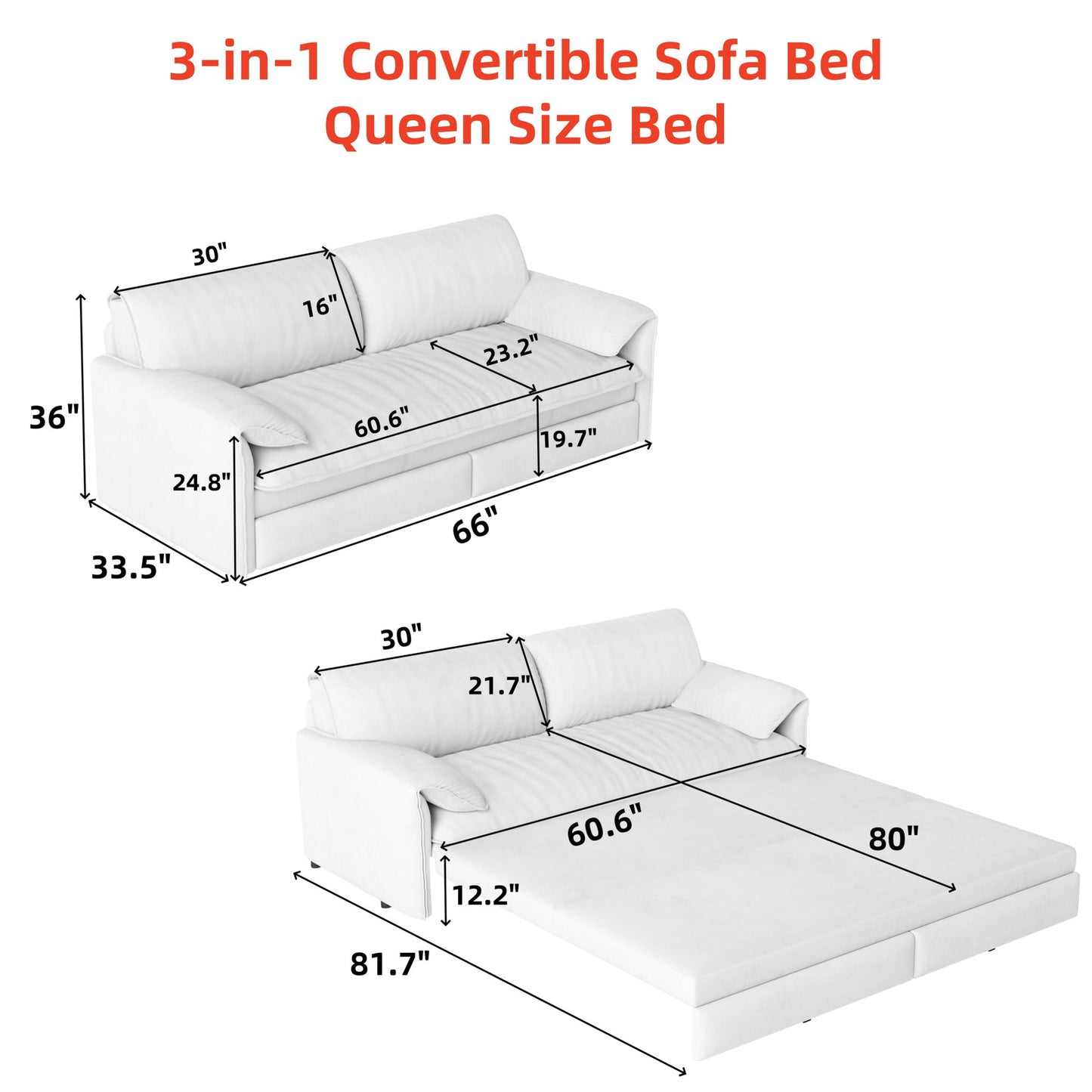 Queen Pull Out Sofa Bed, 3 In 1 Convertible Sleeper Sofa With Side Storage For Living Room - Beige