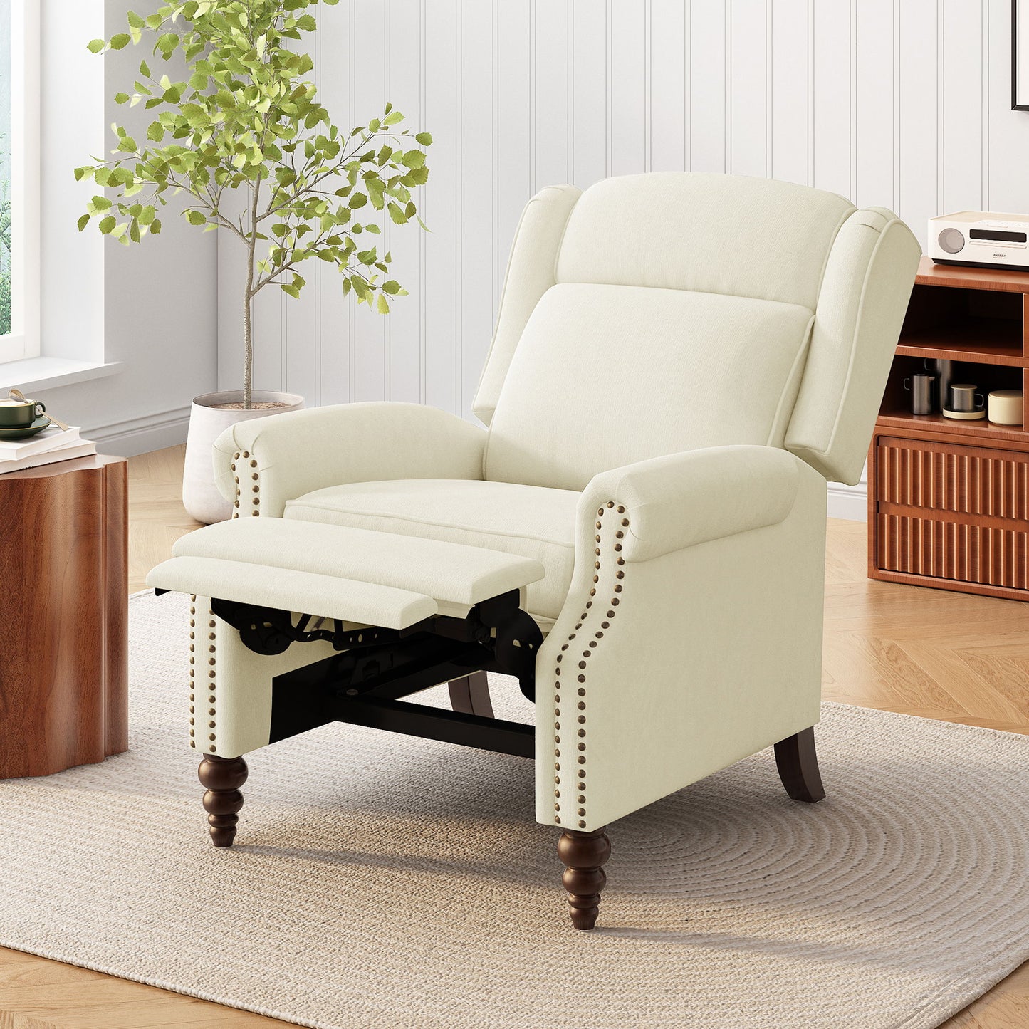 Push Back Recliner Chair Upholstered Recliner Armchair With Classic Wing Back And Solid Gourd-Shaped Legs