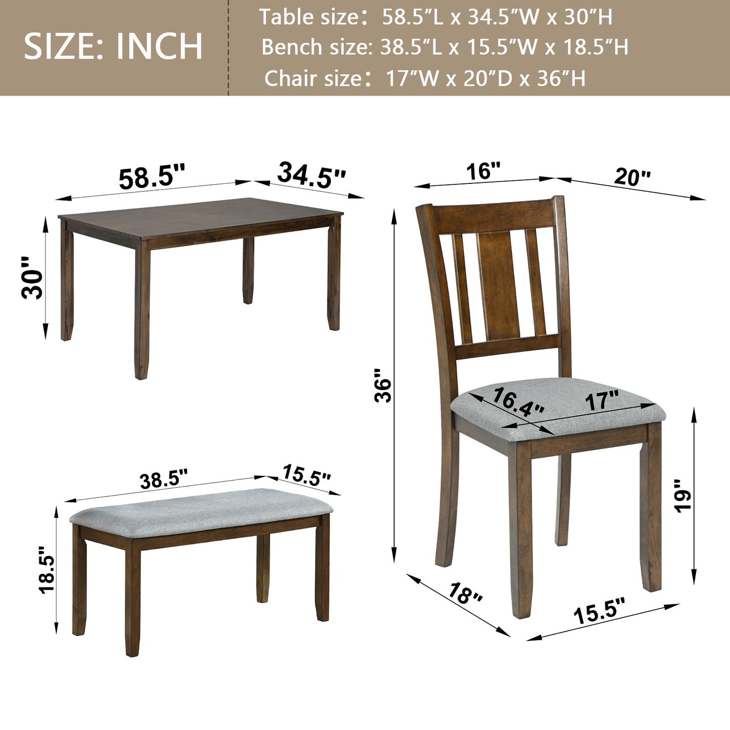 6 Pieces Kitchen Dining Set, Rectangular Wooden Dining Table With 4 Upholstered Chairs And A Bench