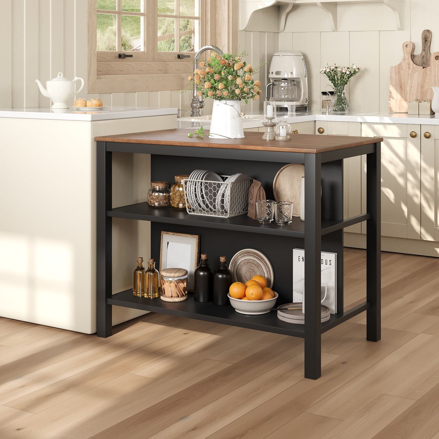 Rustic 3 Piece Stationary Kitchen Island Set With 2 Seatings, With 2 Open Shelves