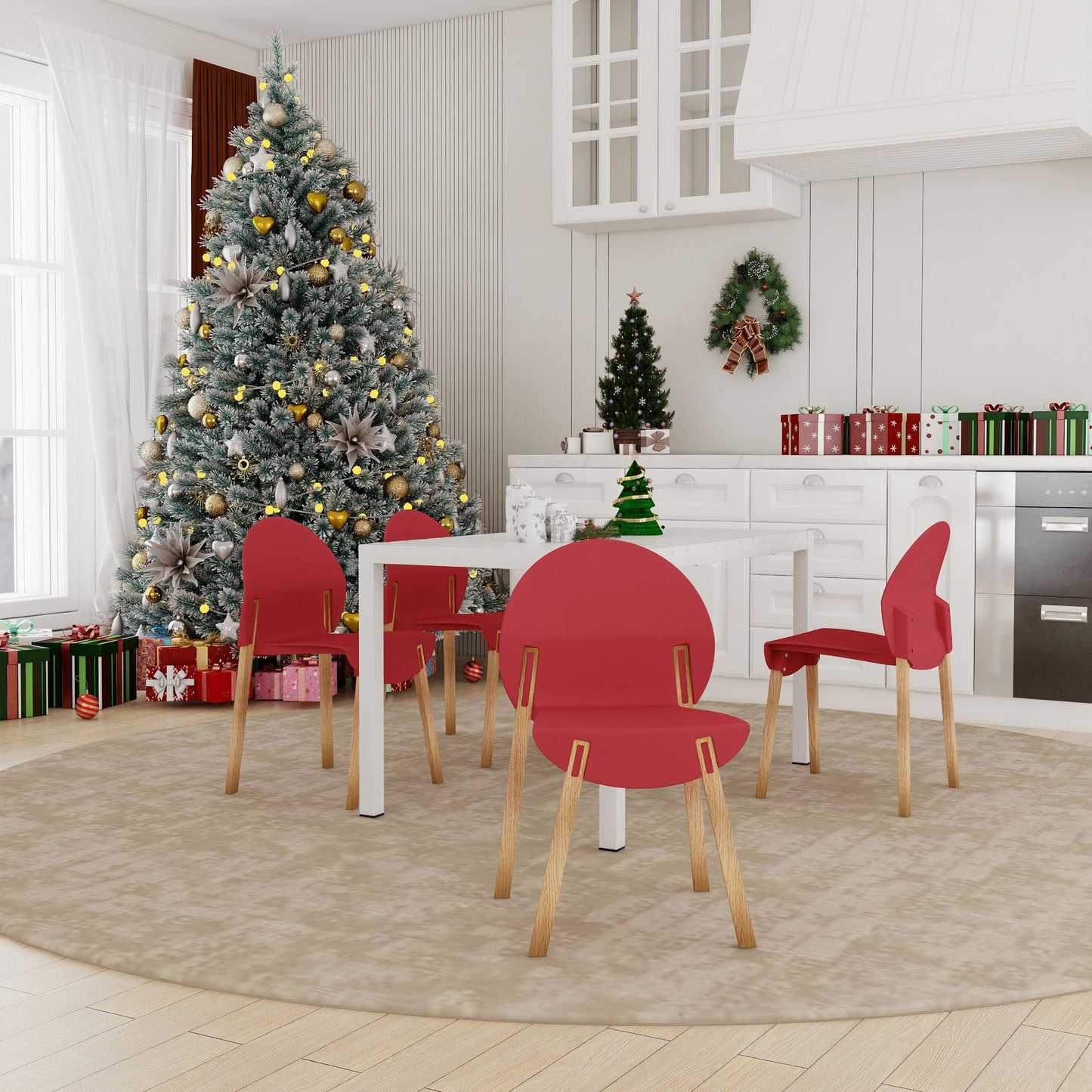 4 Piece Set Of Single Chairs With Table - Crimson Red / White