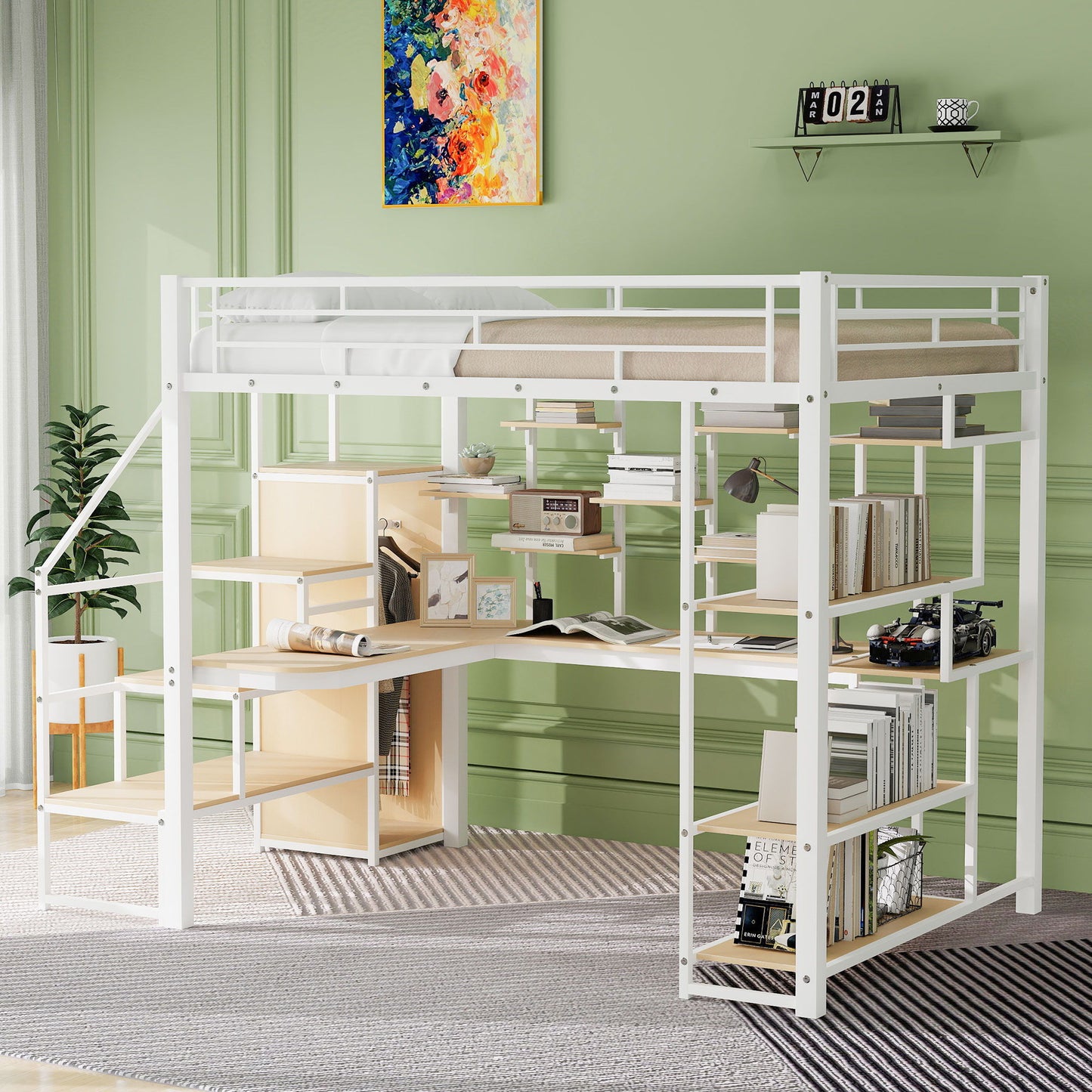 Full Size Metal Loft Bed With Storage Staircase And Small Wardrobe, Built - In Desk And Storage Shelves - White
