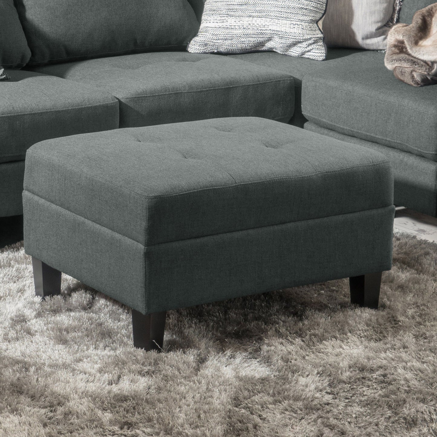 Classic Fabric Ottoman With Birch Wood Legs And High Quality Foam Padding - Charcoal