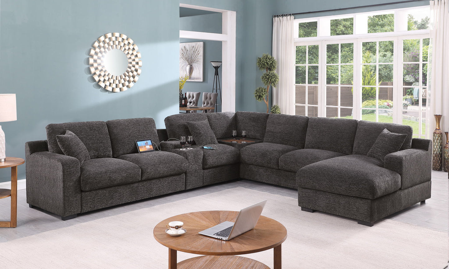 Celine - Chenille Fabric Corner Sectional Sofa With Right Facing Chaise, Cupholders, And Charging Ports - Gray