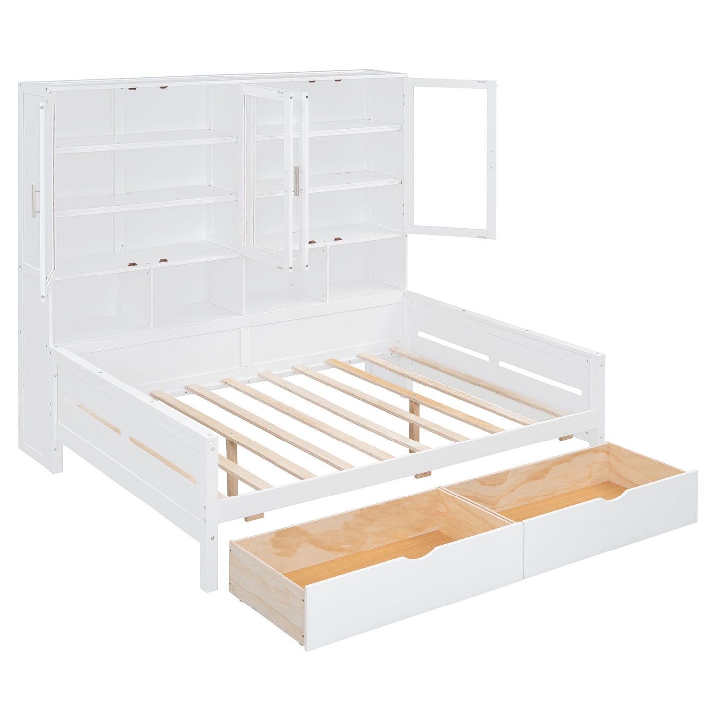 Daybed With Glass Door Storage Cabinets, Built In LED Lighting And Shelves