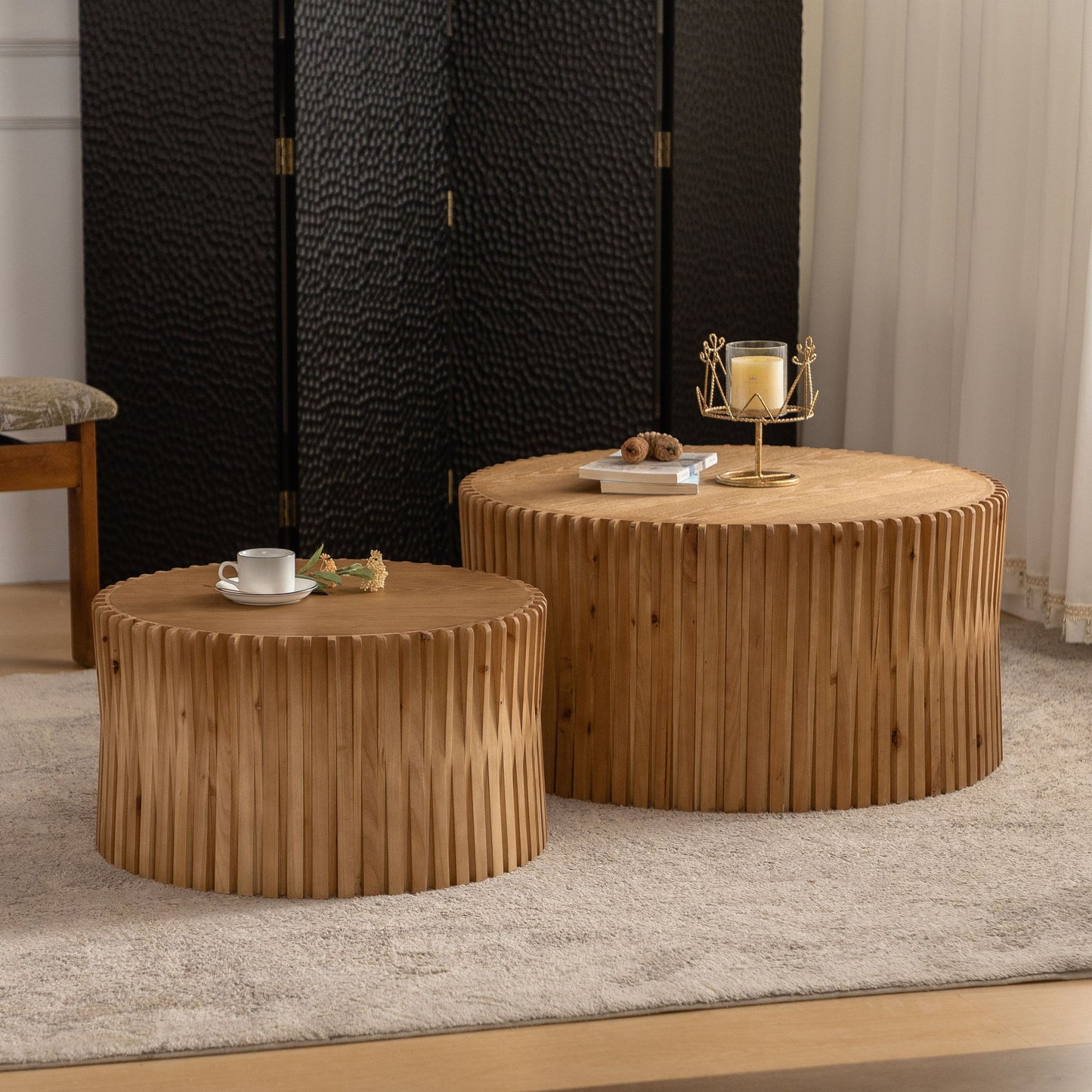 Vintage Fashion Style Cylindrical Nesting Coffee Table Set With Vertical Textured Embossed Design - Natural