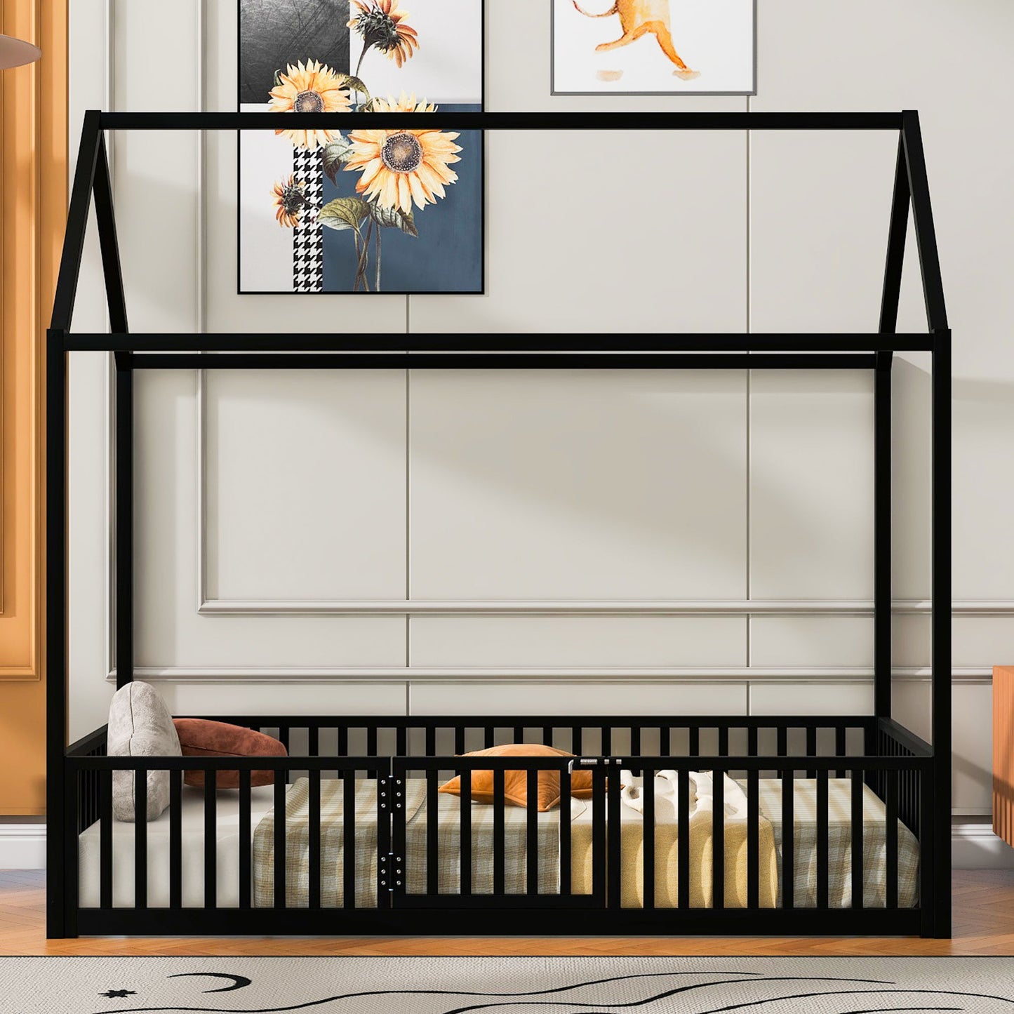 Metal House Bed With Fence And Door
