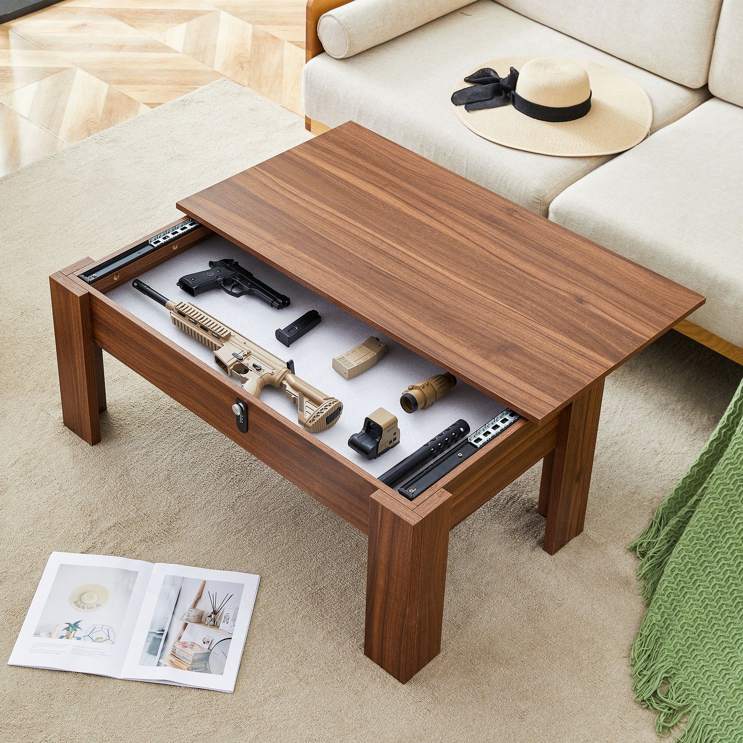 Multi Functional Coffee Table With Password Lock, Suitable For Storing Firearms And Wine - Walnut