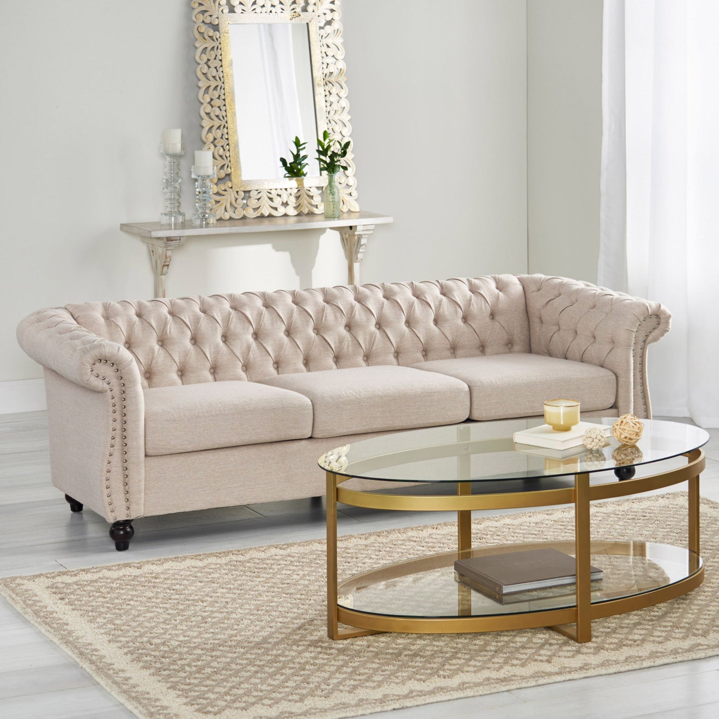 Chesterfield Style 3 Seater Sofa With Deep Button Tufting - Beige