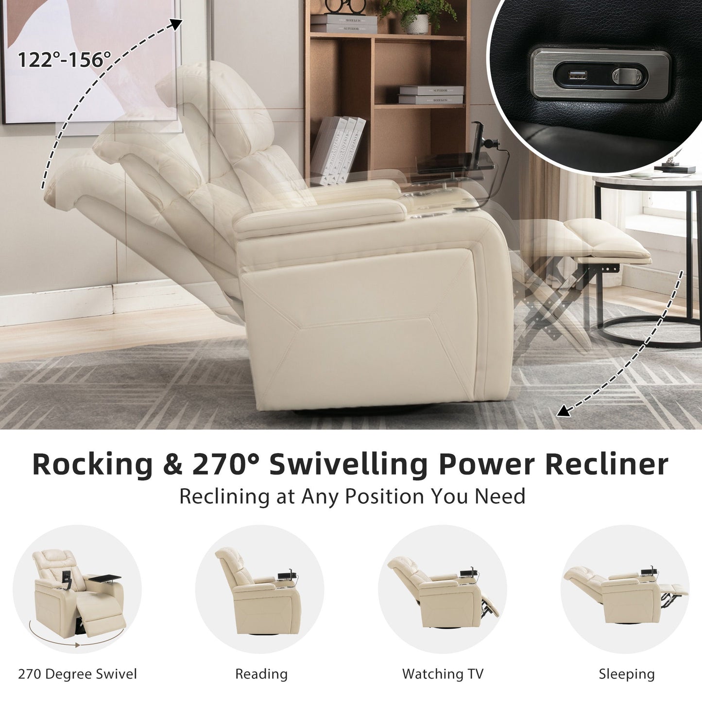 270 Degree Swivel Power Recliner With Tray Table, Phone Holder, Cup Holder, USB Port