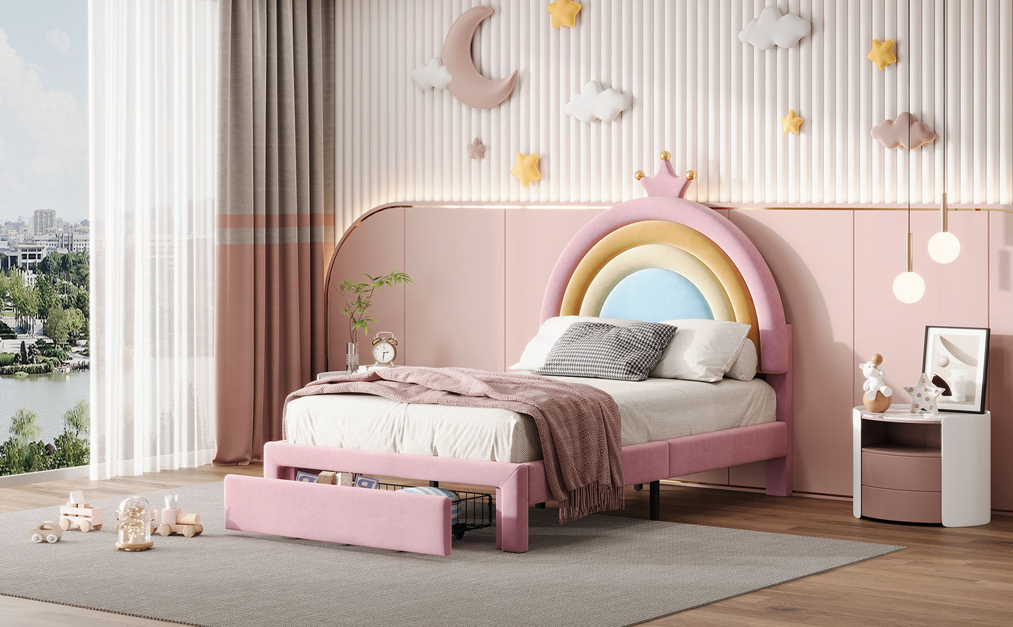 Upholstered Rainbow Design Bed, Princess Platform Bed With Storage Drawer