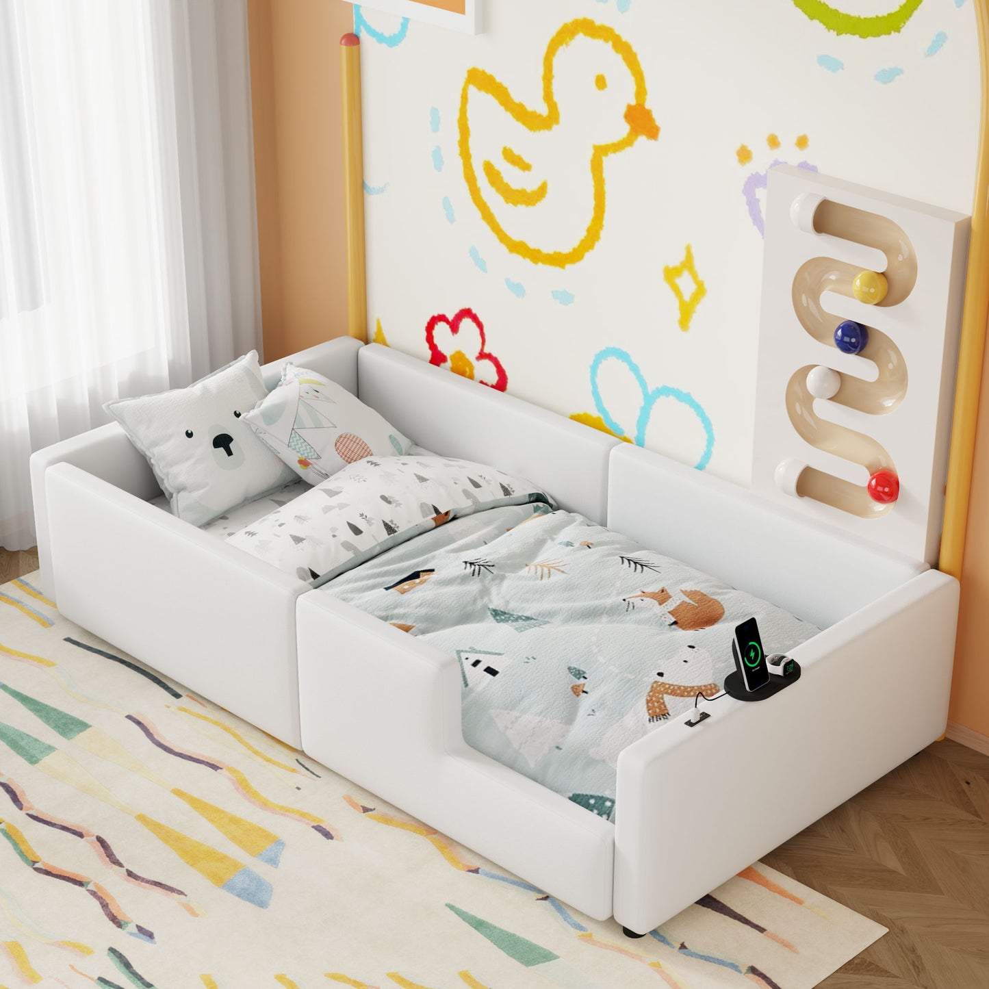 Twin Size Upholstered Platform Bed With Guardrail And Charging Station - White