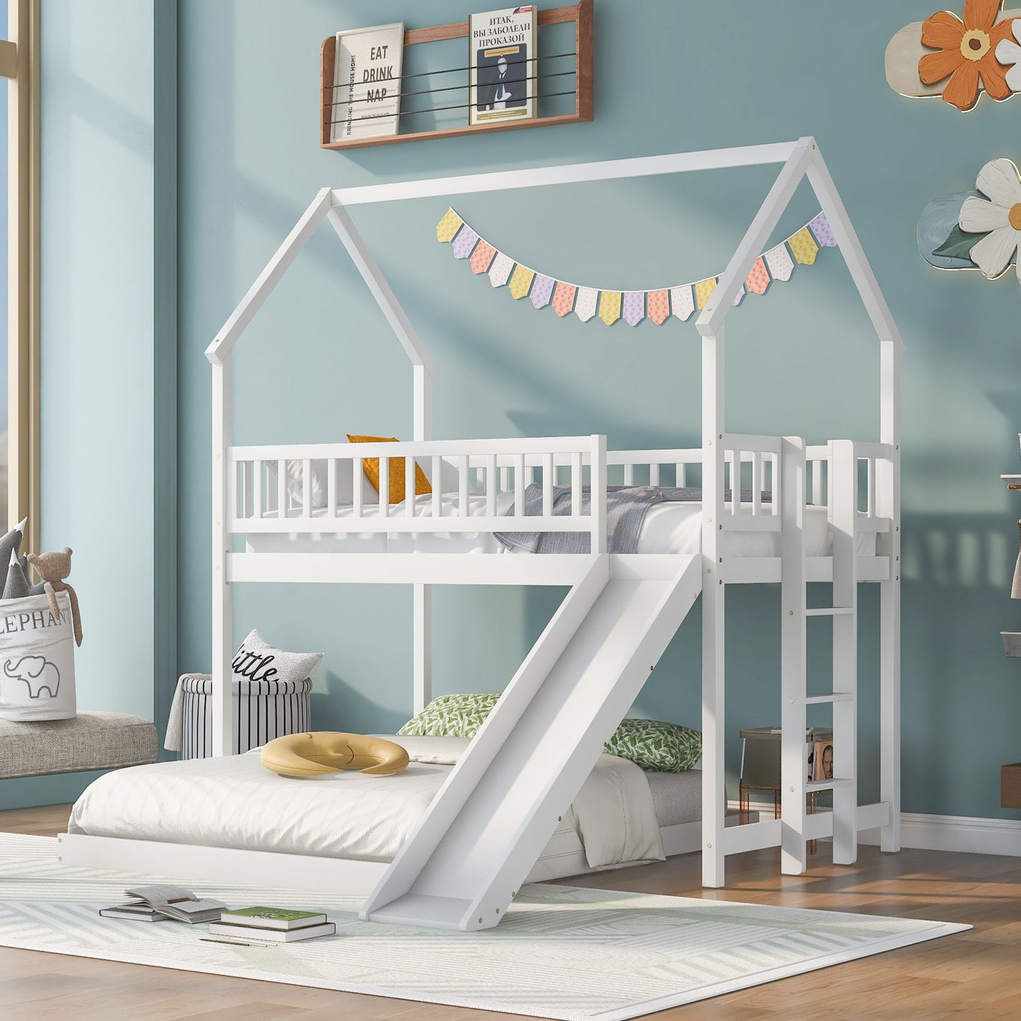 Hearth & Haven - Twin Over Full House Bunk Bed With Slide, Built In Ladder And Full Length Guardrail - White