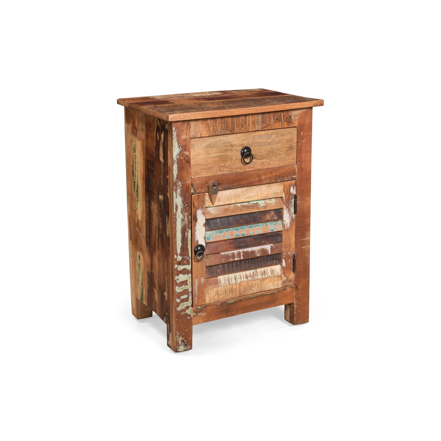 Recycled Wood Side Table With Drawer And Door - Natural