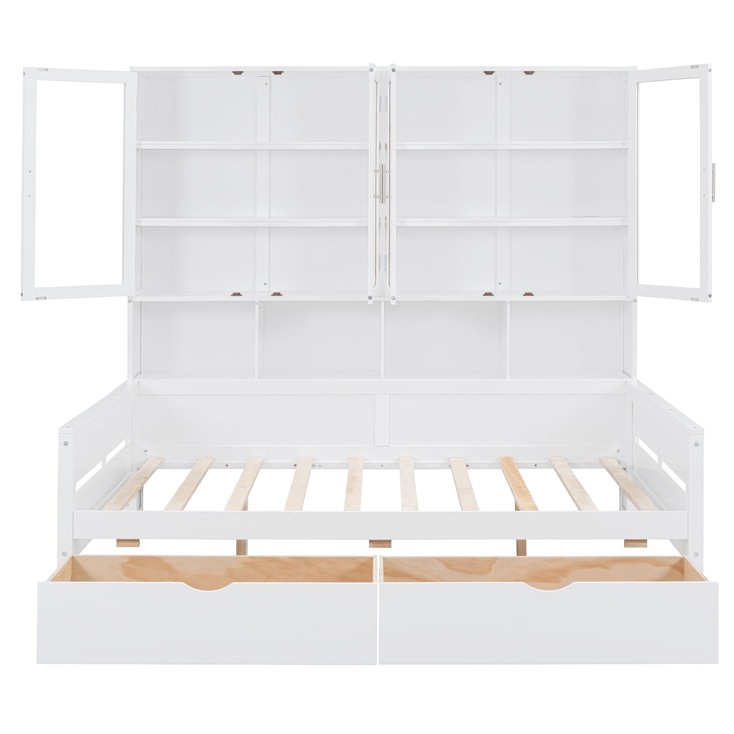 Daybed With Glass Door Storage Cabinets, Built In LED Lighting And Shelves