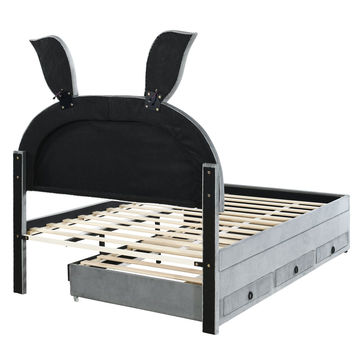 Upholstered Platform Bed With Trundle And 3 Drawers, Rabbit-Shaped Headboard With Embedded LED Lights