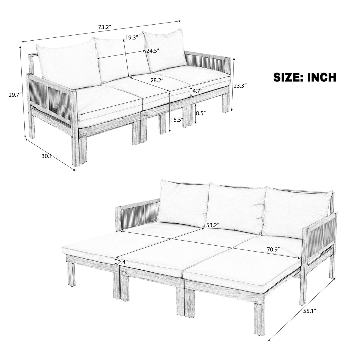 Outdoor 3 Seat Patio Sunbed