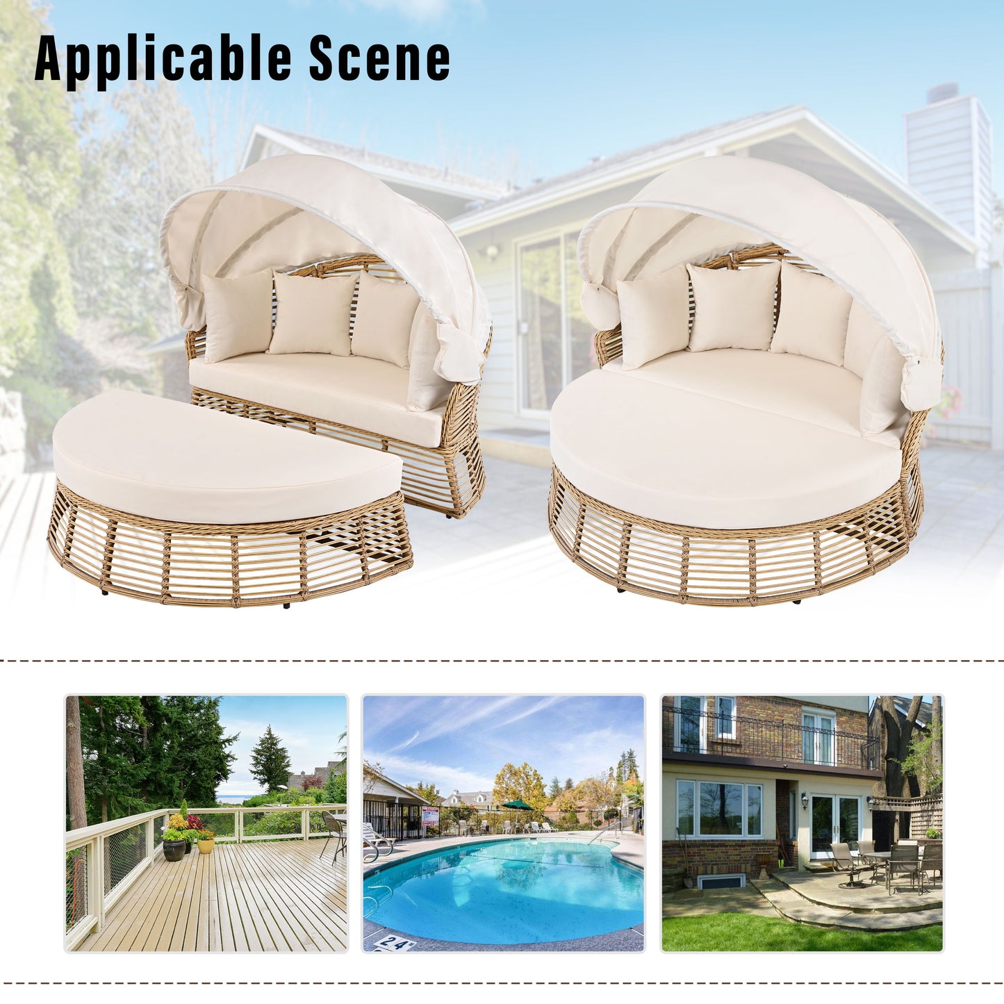 Outdoor Patio Rattan Round Daybed With Retractable Canopy, Wicker Furniture Round Poolside Sofa Sunbed With Removable Cushions, Backyard, Porch - Beige